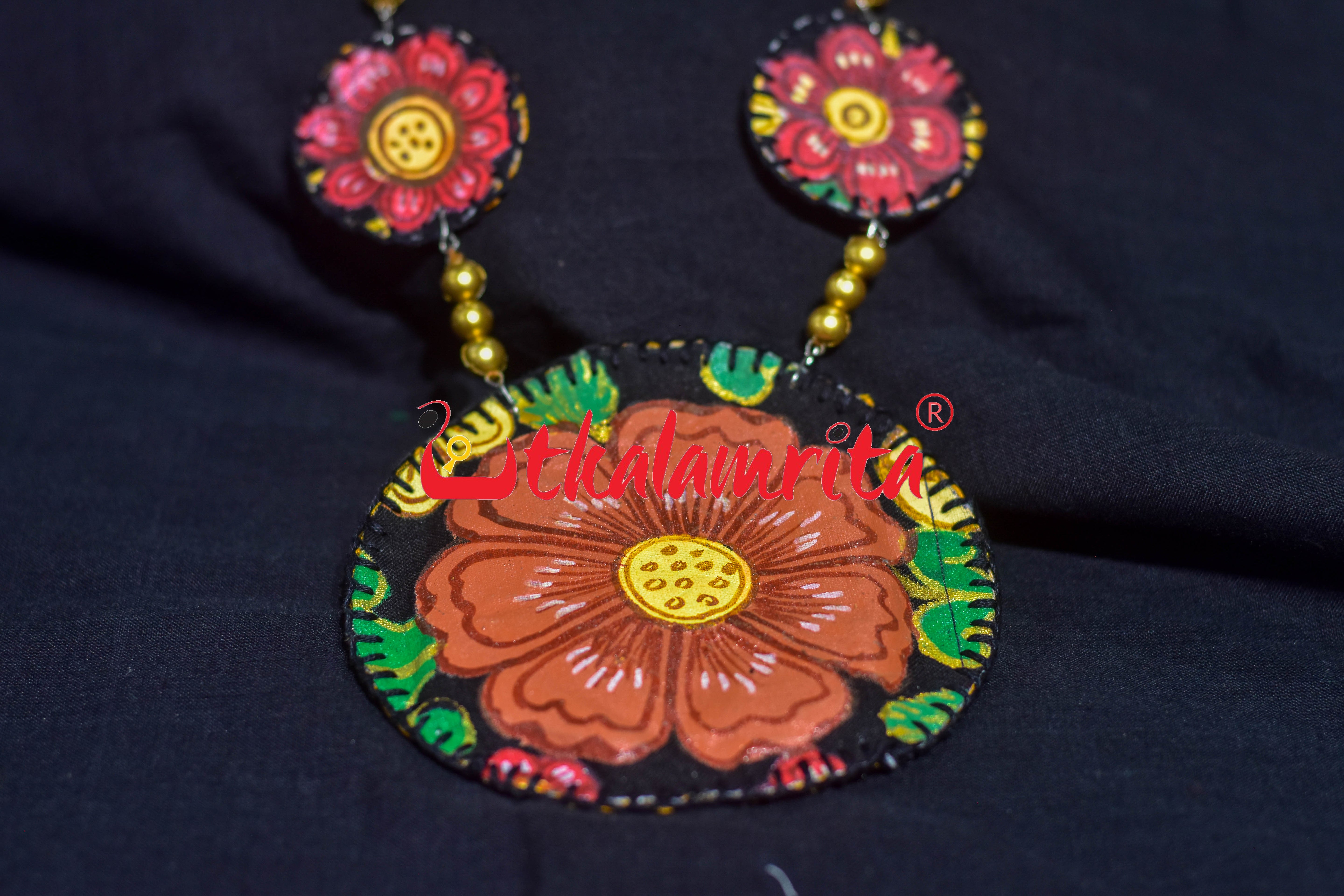 Black Brown Flower Pattachitra Necklace