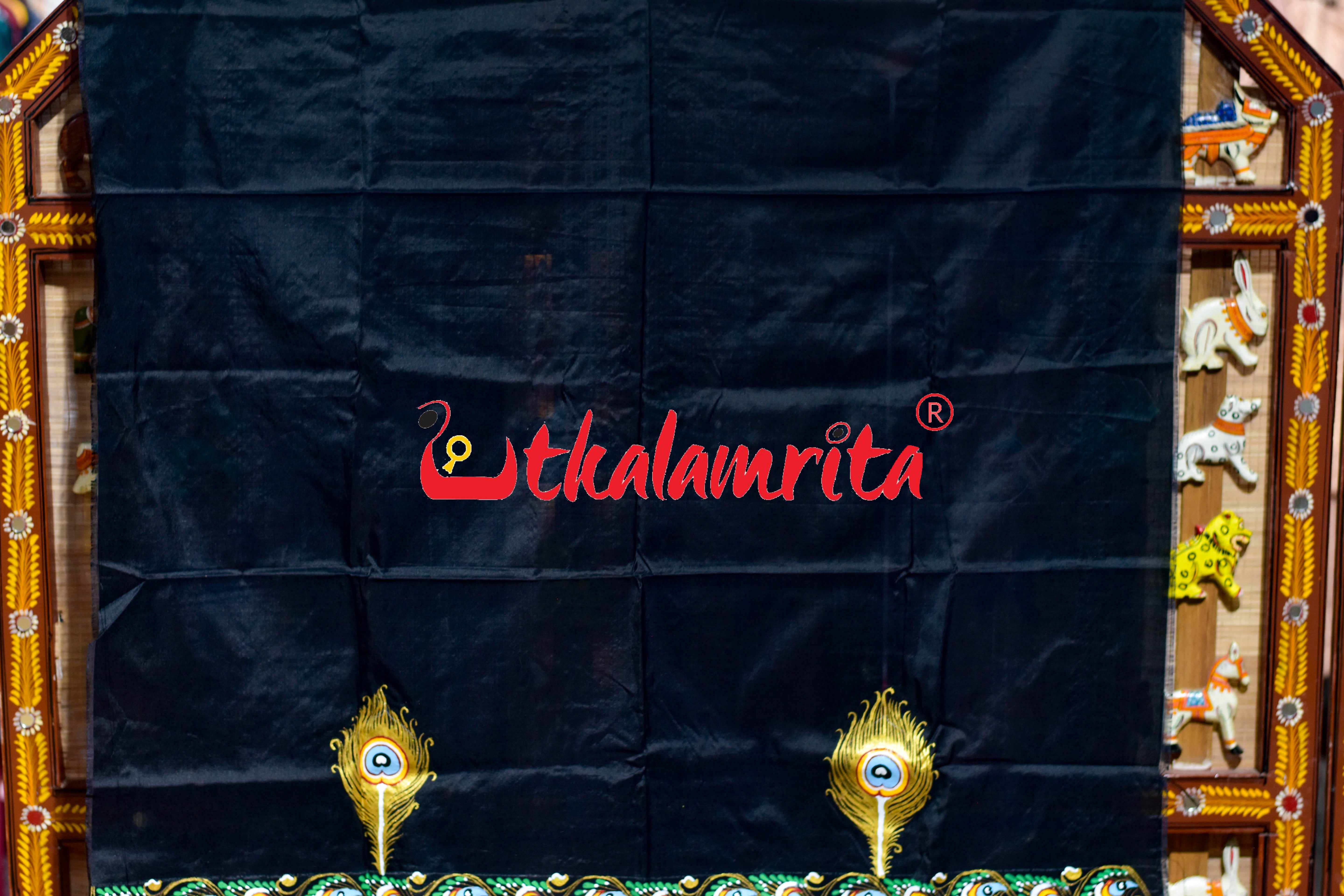 Black Plain Krushna Representation Pattachitra Silk Saree