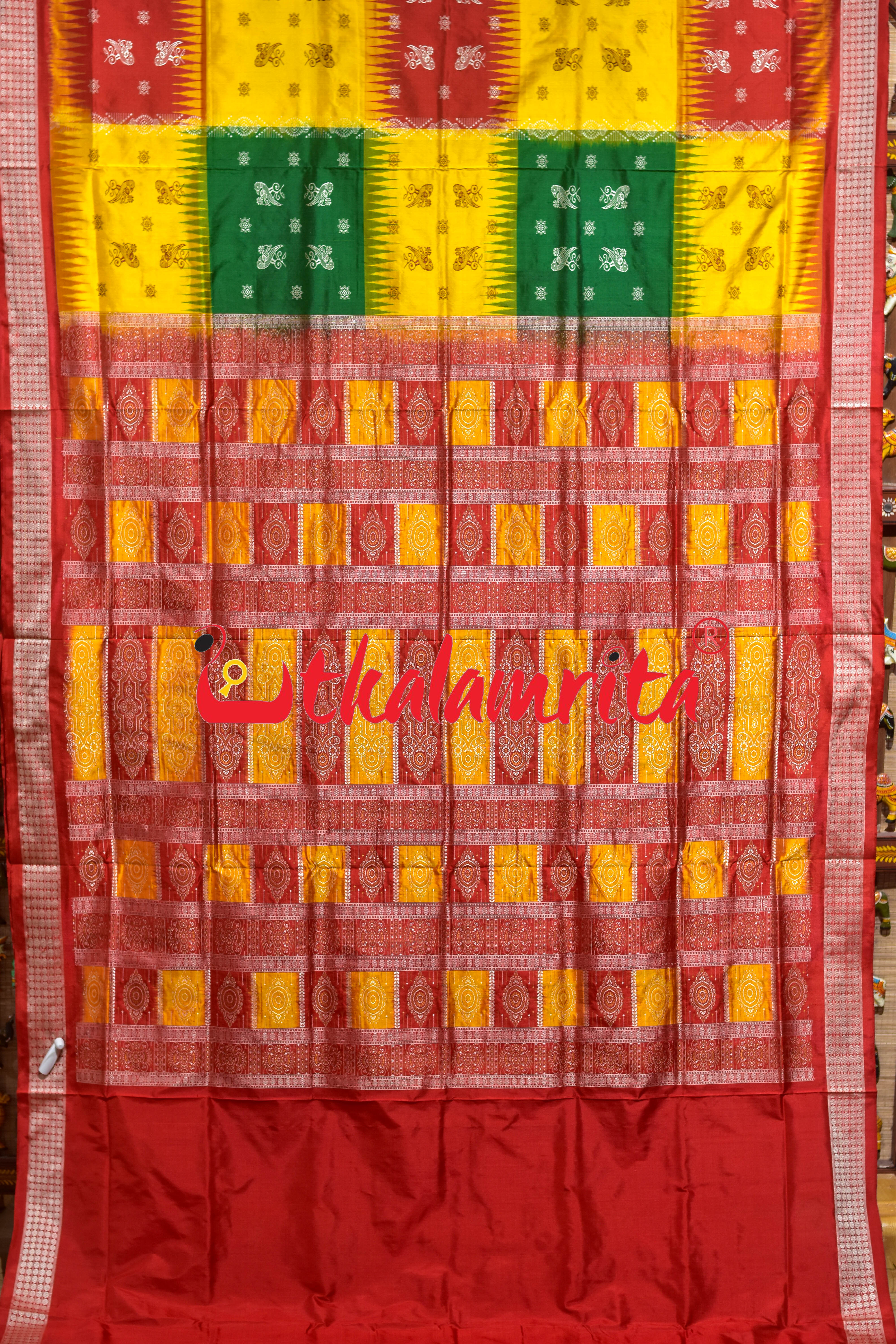 Yellow Red Green 5 Kothi Parrots Bandha Bomkai Silk Saree