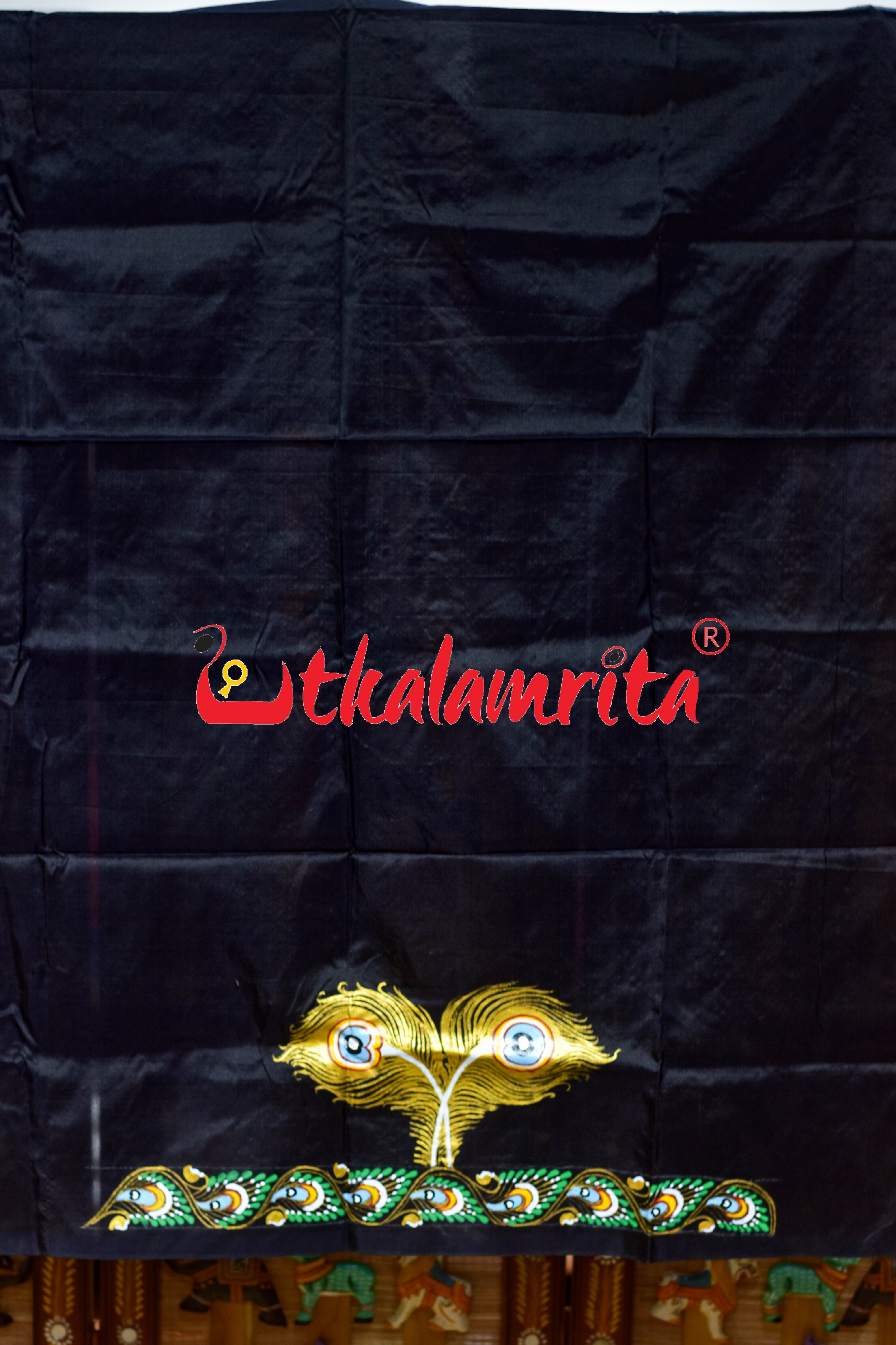 Black Plain Krushna Representation Pattachitra Silk Saree