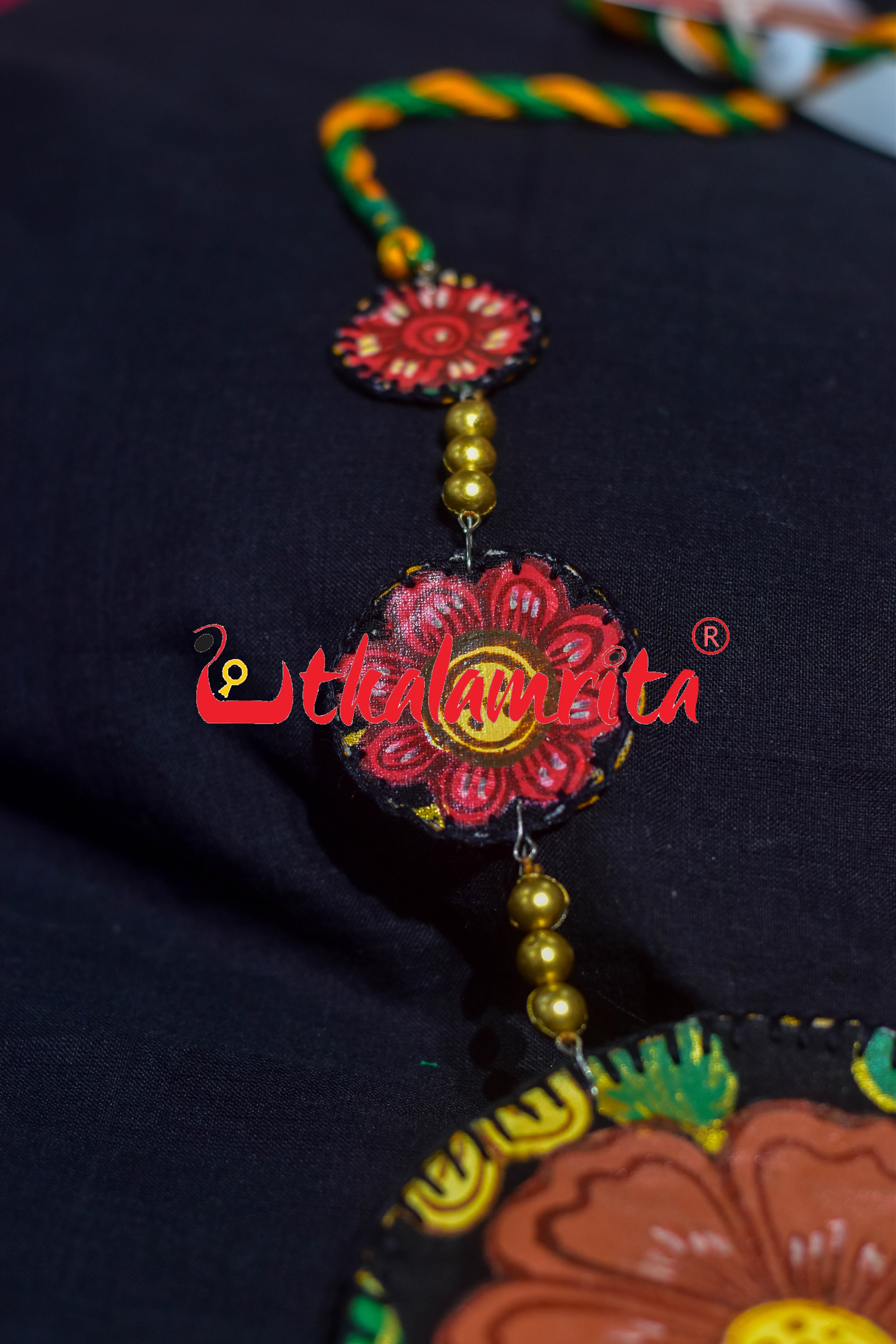 Black Brown Flower Pattachitra Necklace