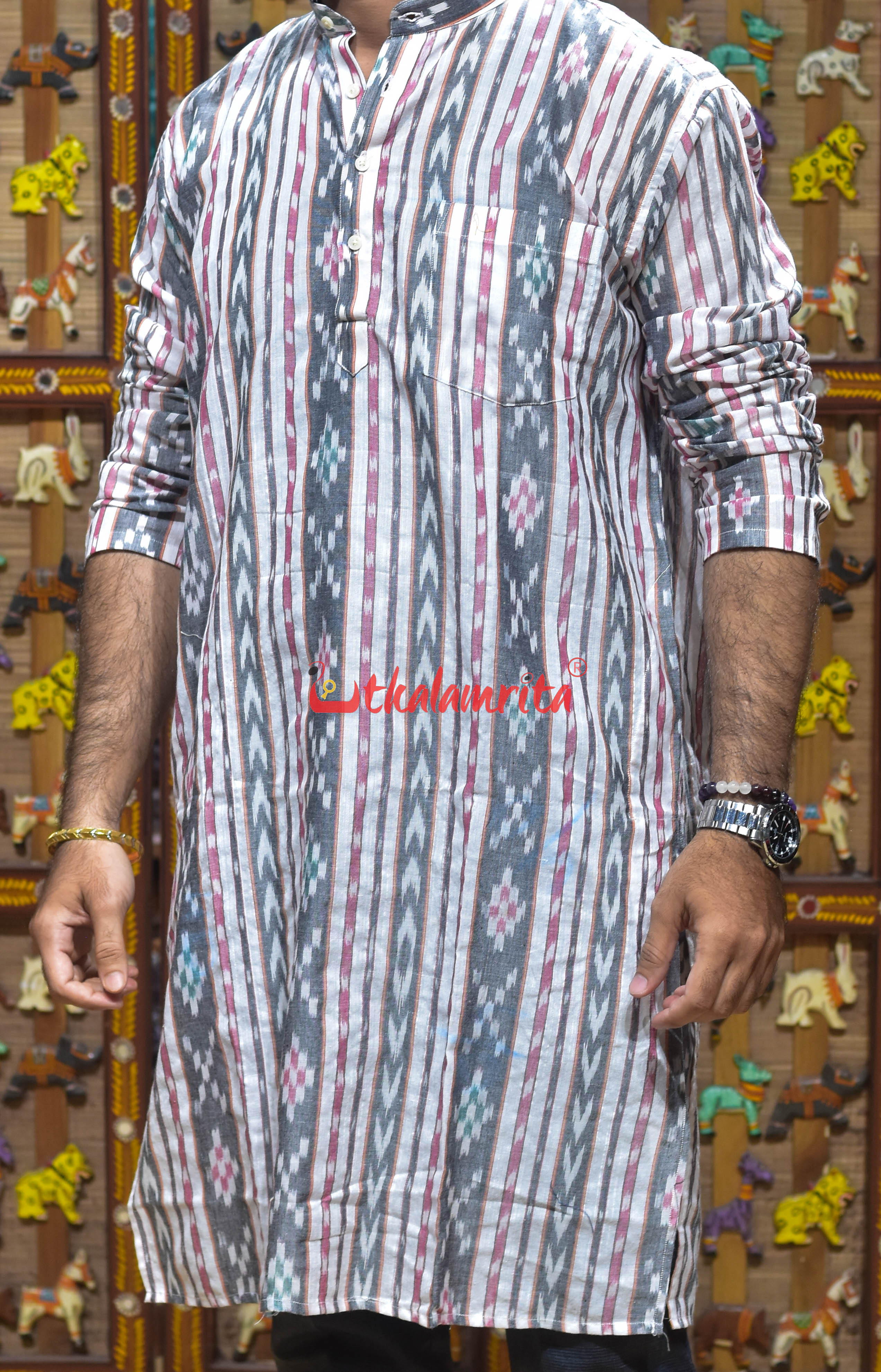 Grey Arrow Pasapali Lines (Men's Long Kurta)