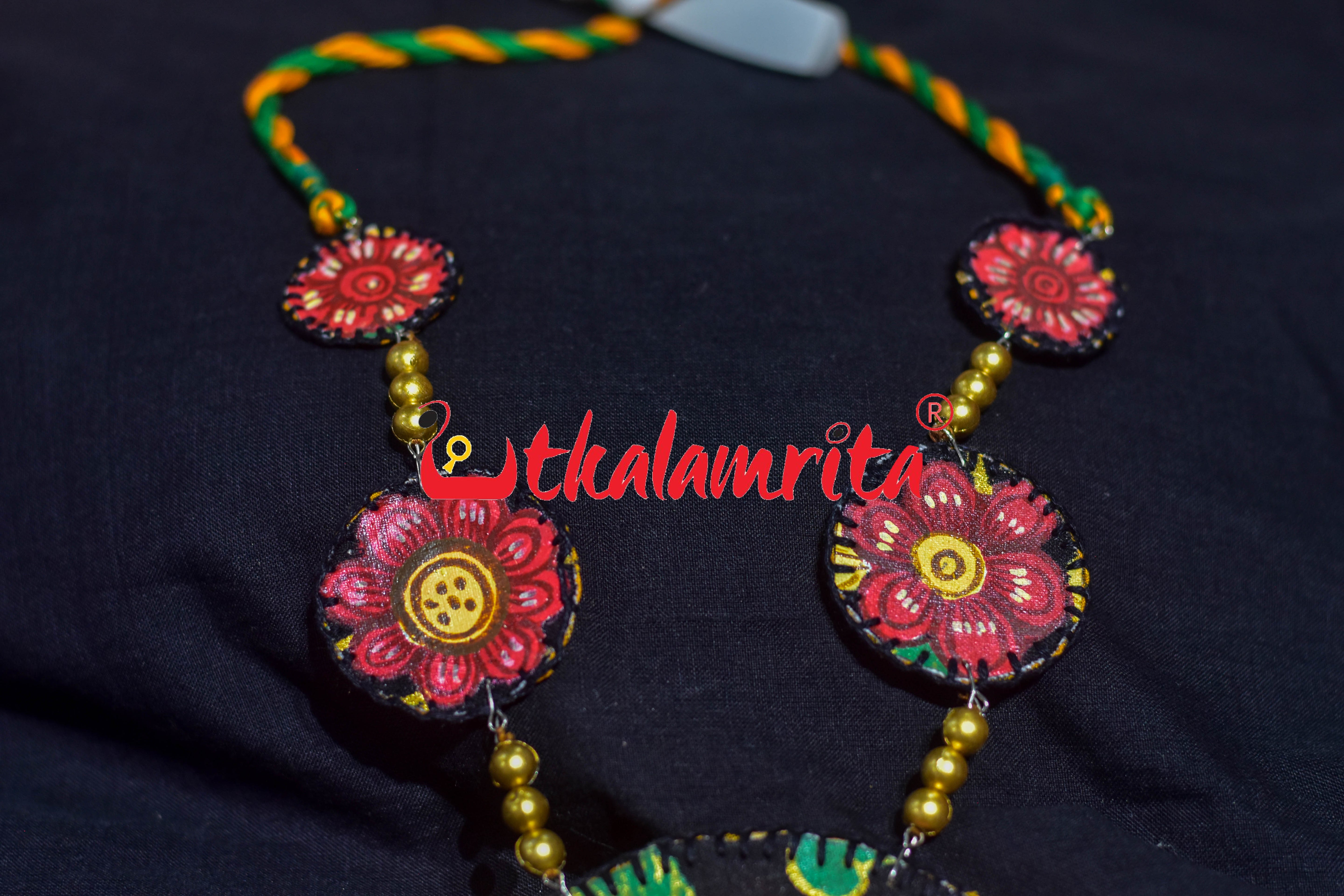 Black Brown Flower Pattachitra Necklace