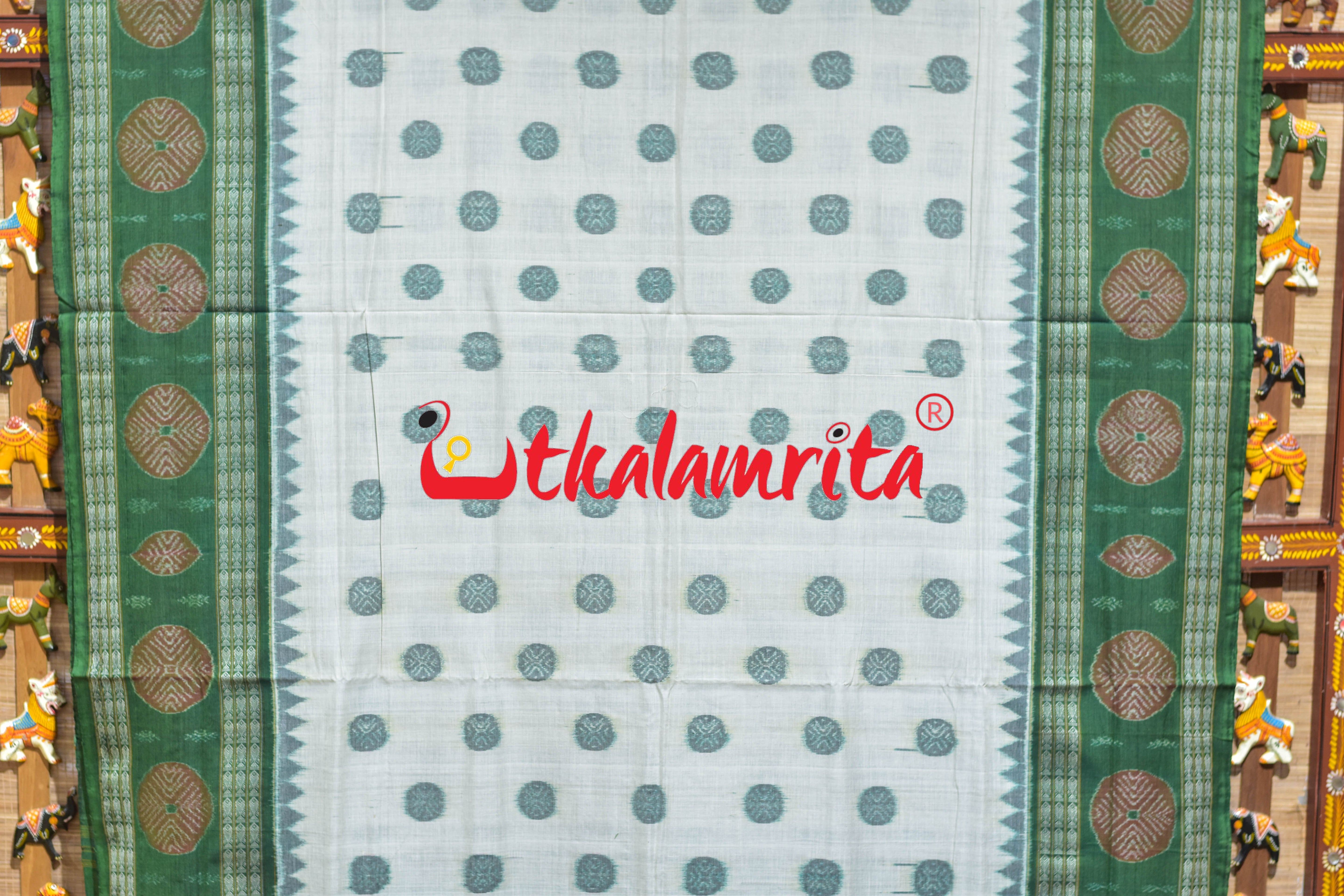 White Green Dhadi Chakra Sambalpuri Cotton Saree