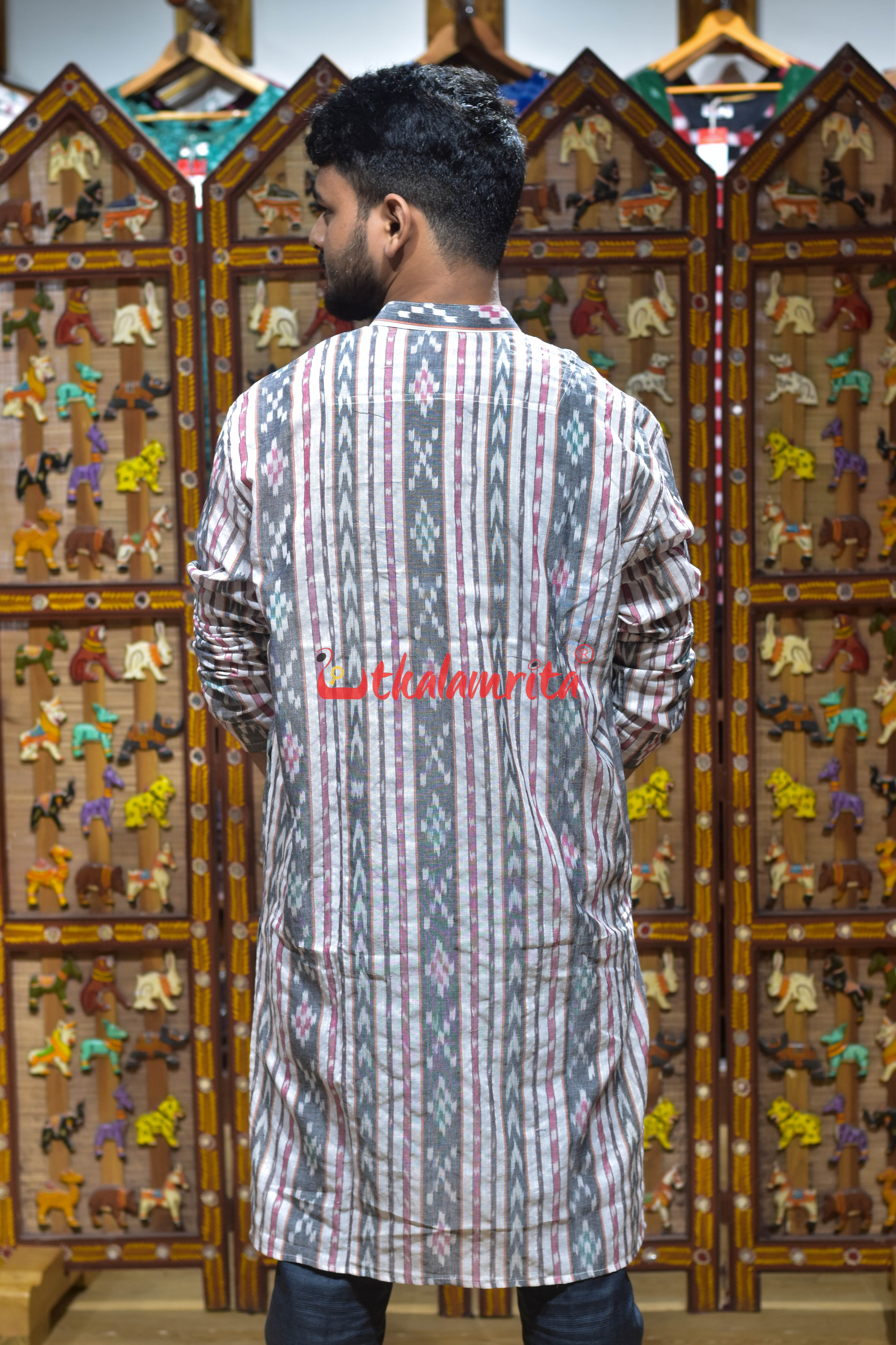 Grey Arrow Pasapali Lines (Men's Long Kurta)