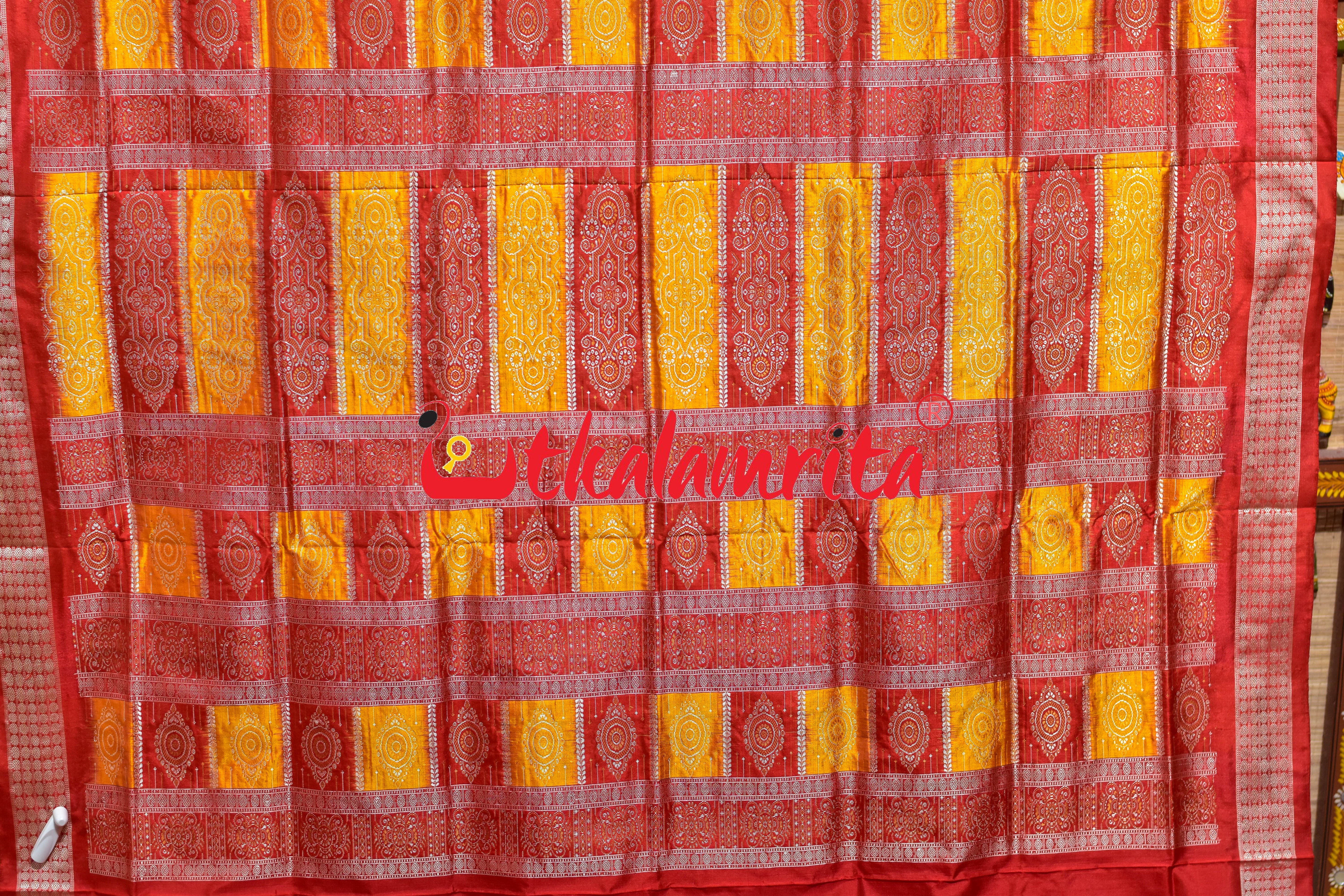 Yellow Red Green 5 Kothi Parrots Bandha Bomkai Silk Saree