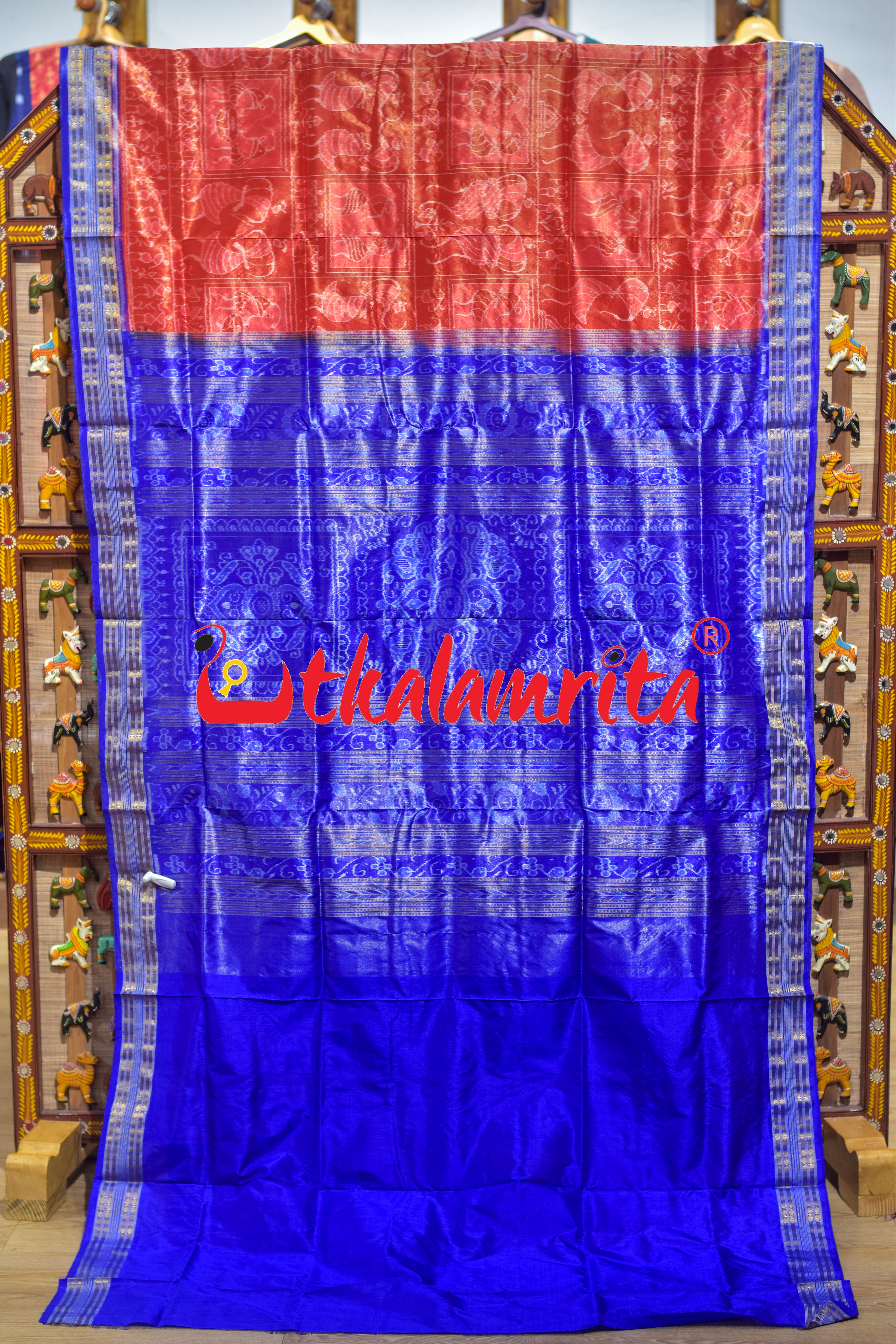 Red Blue Tribal Bandha Full Tissue Sambalpuri Silk Saree