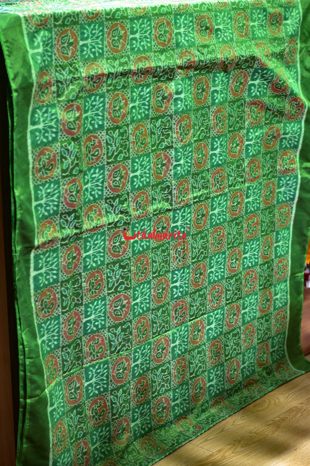 Bright Green Tree Peacock Sambalpuri Cotton (Fabric)