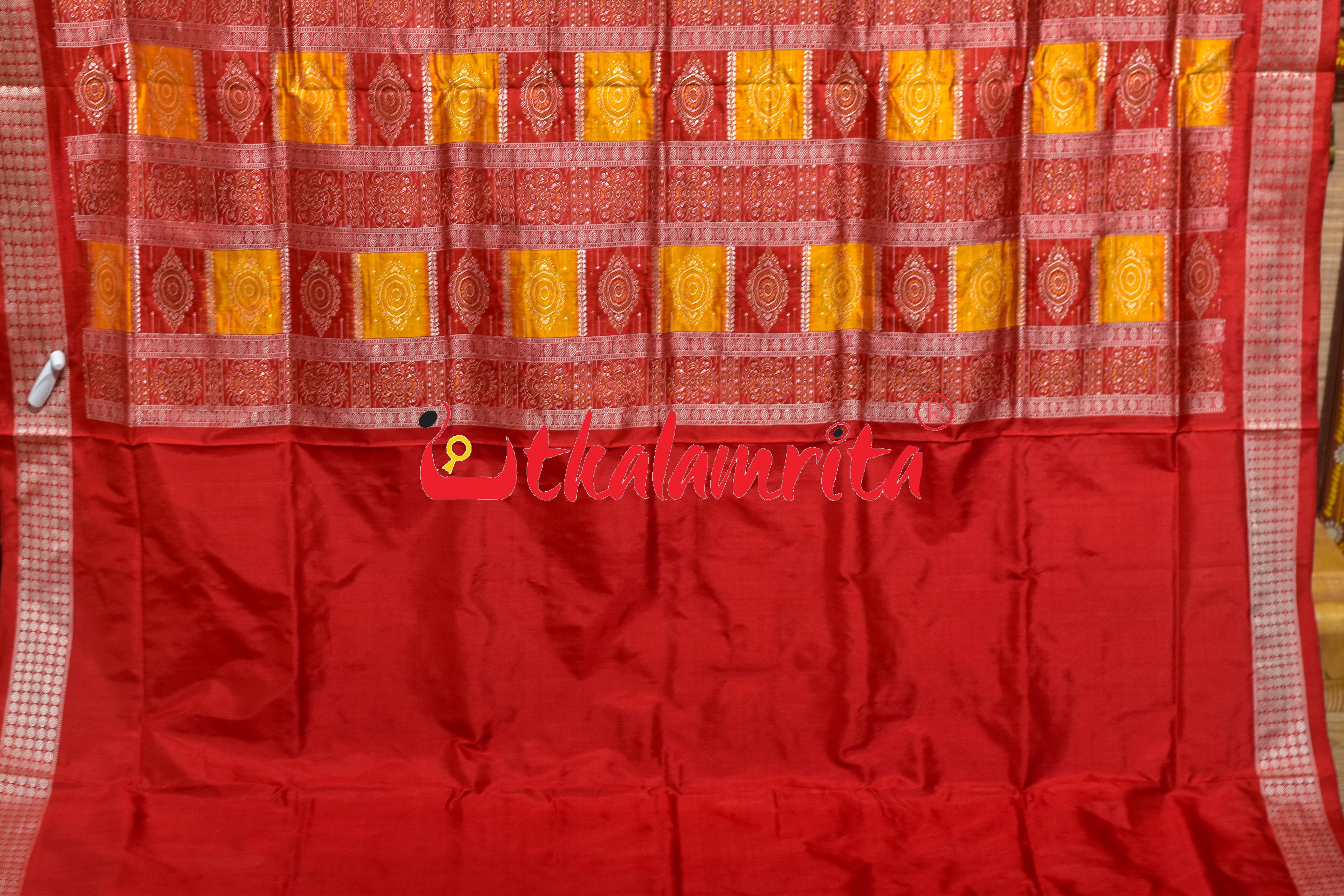 Yellow Red Green 5 Kothi Parrots Bandha Bomkai Silk Saree