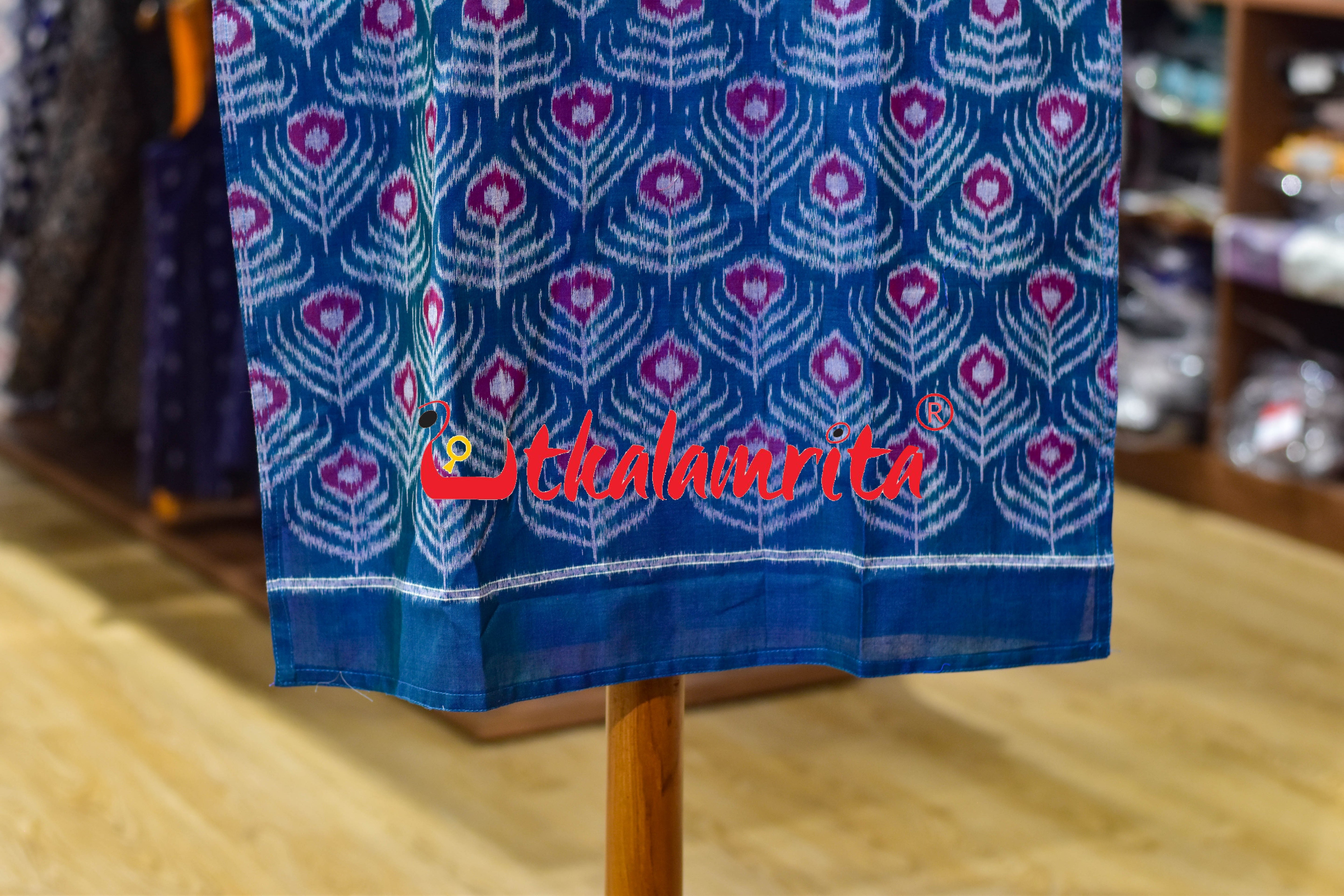 Teal Peacock Feathers Sambalpuri (Ladies Kurti)