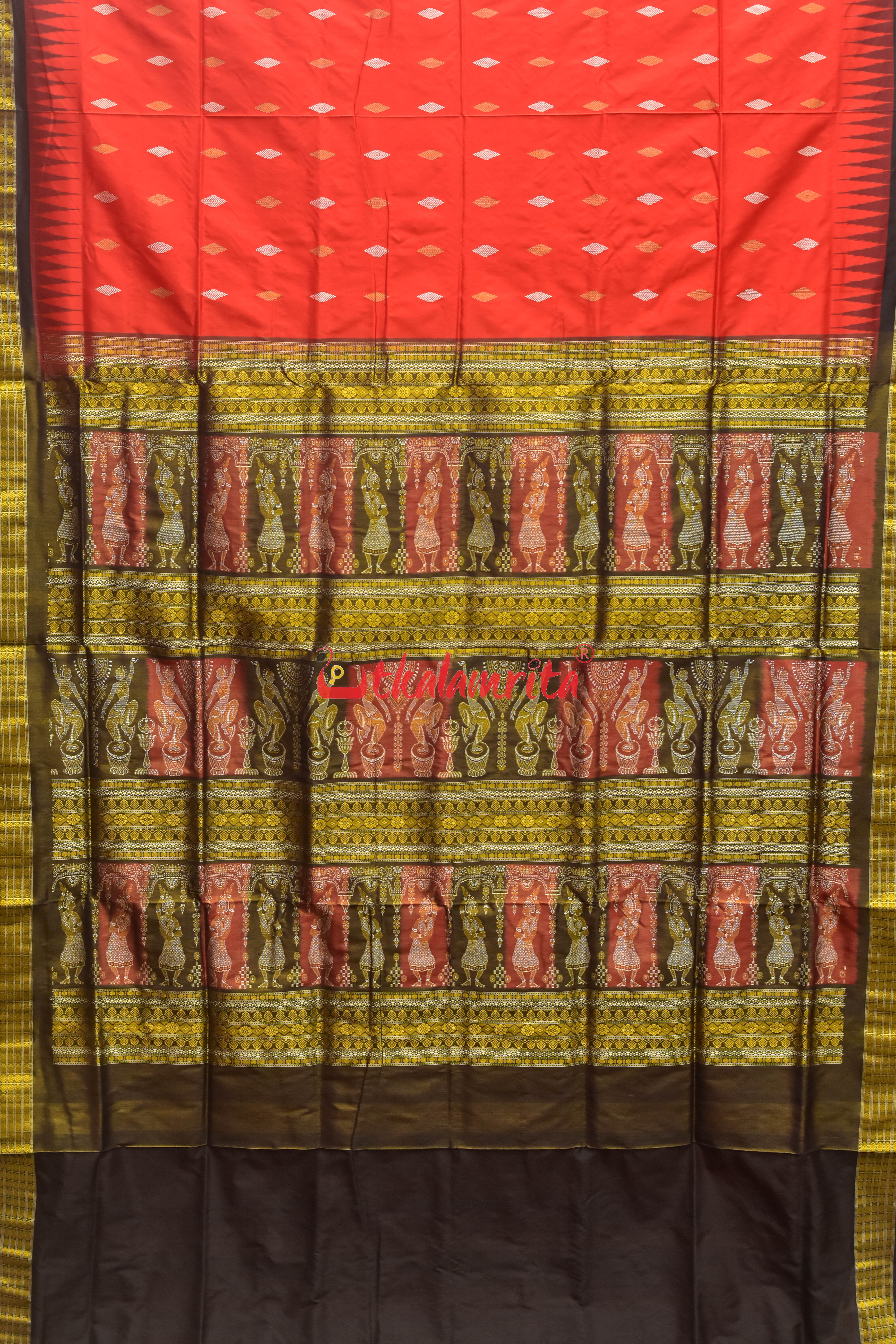 Red Black Half Tissue Bomkai Silk Saree