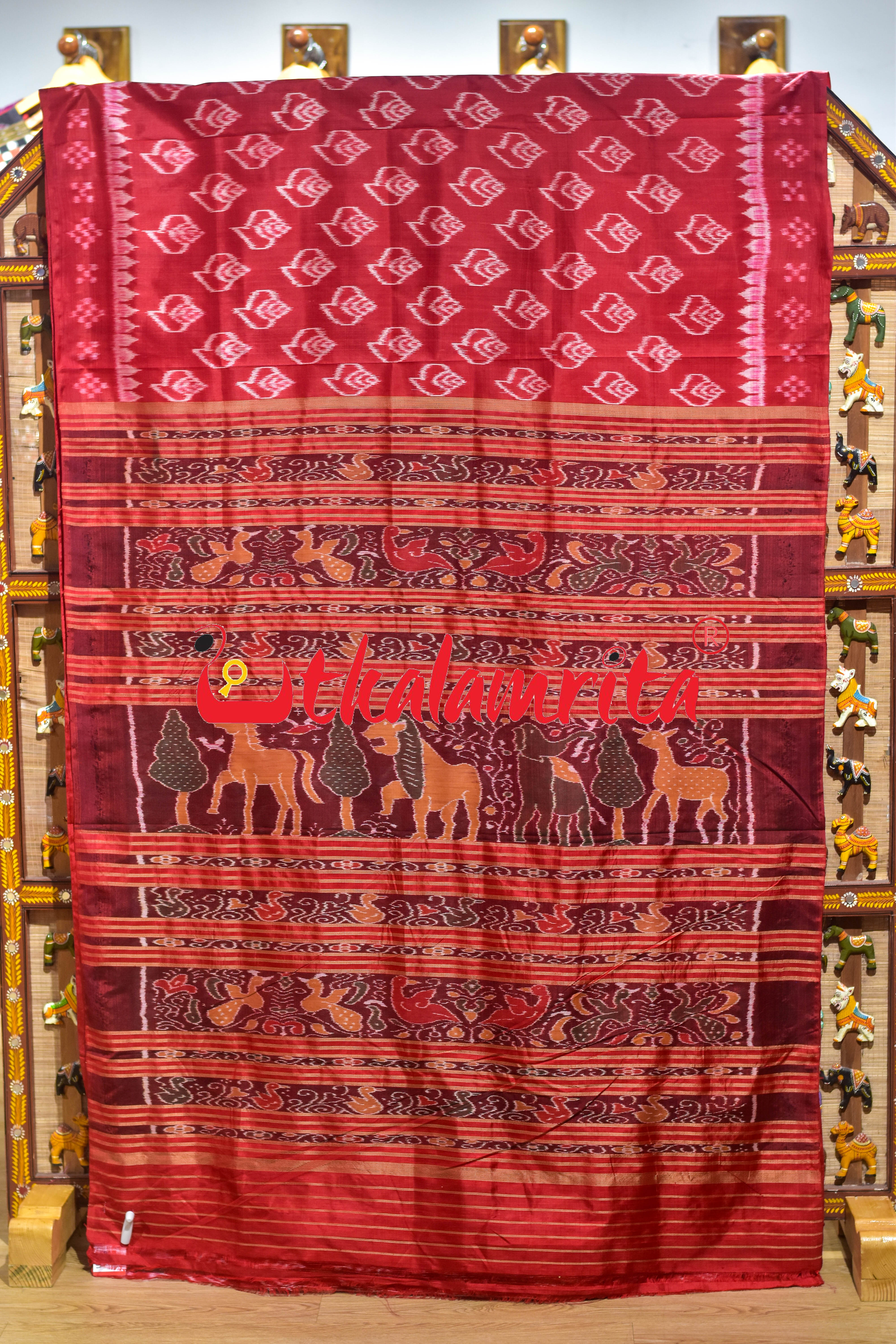 Self Red Sankha Khandua Silk Saree