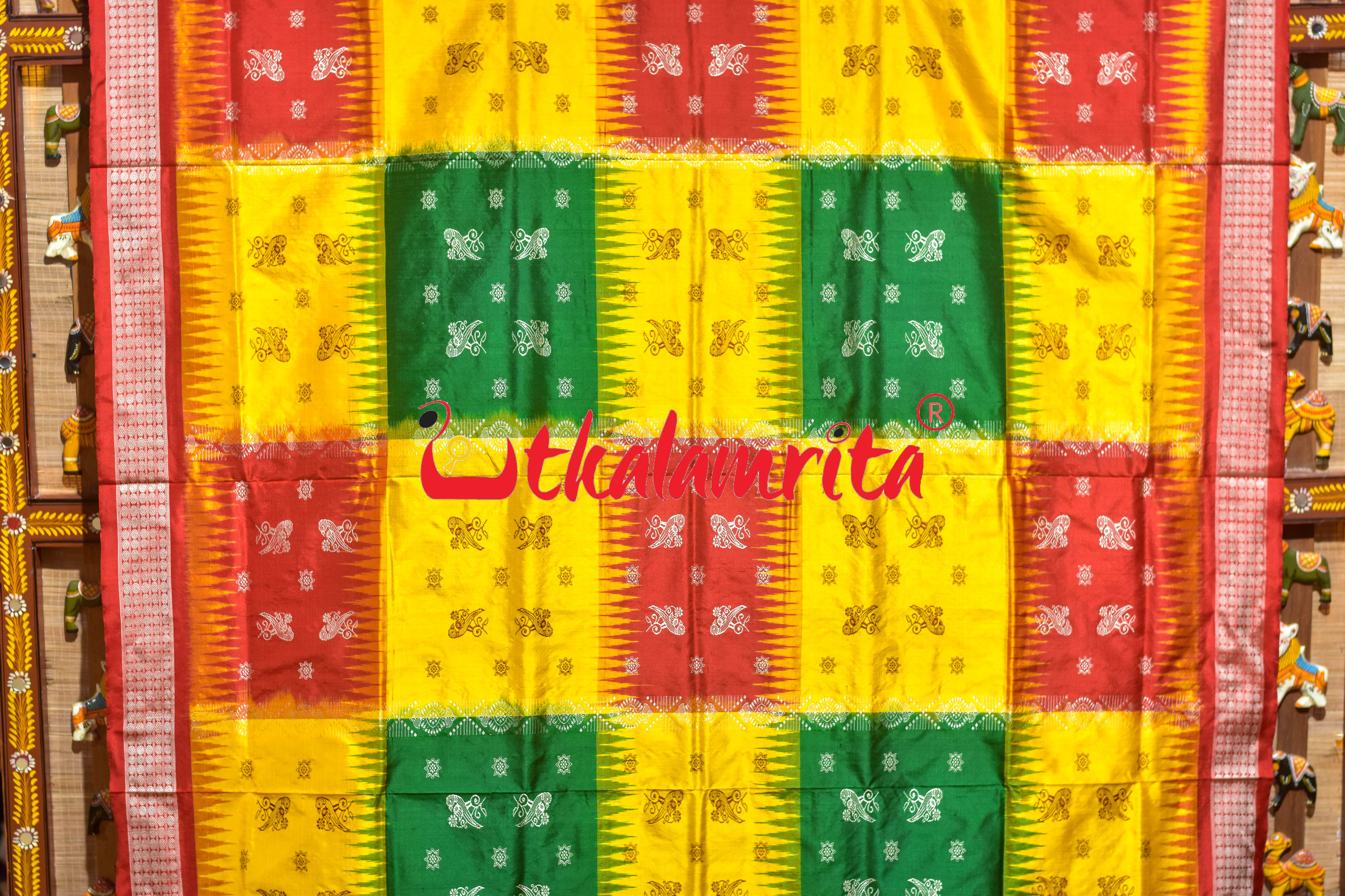 Yellow Red Green 5 Kothi Parrots Bandha Bomkai Silk Saree