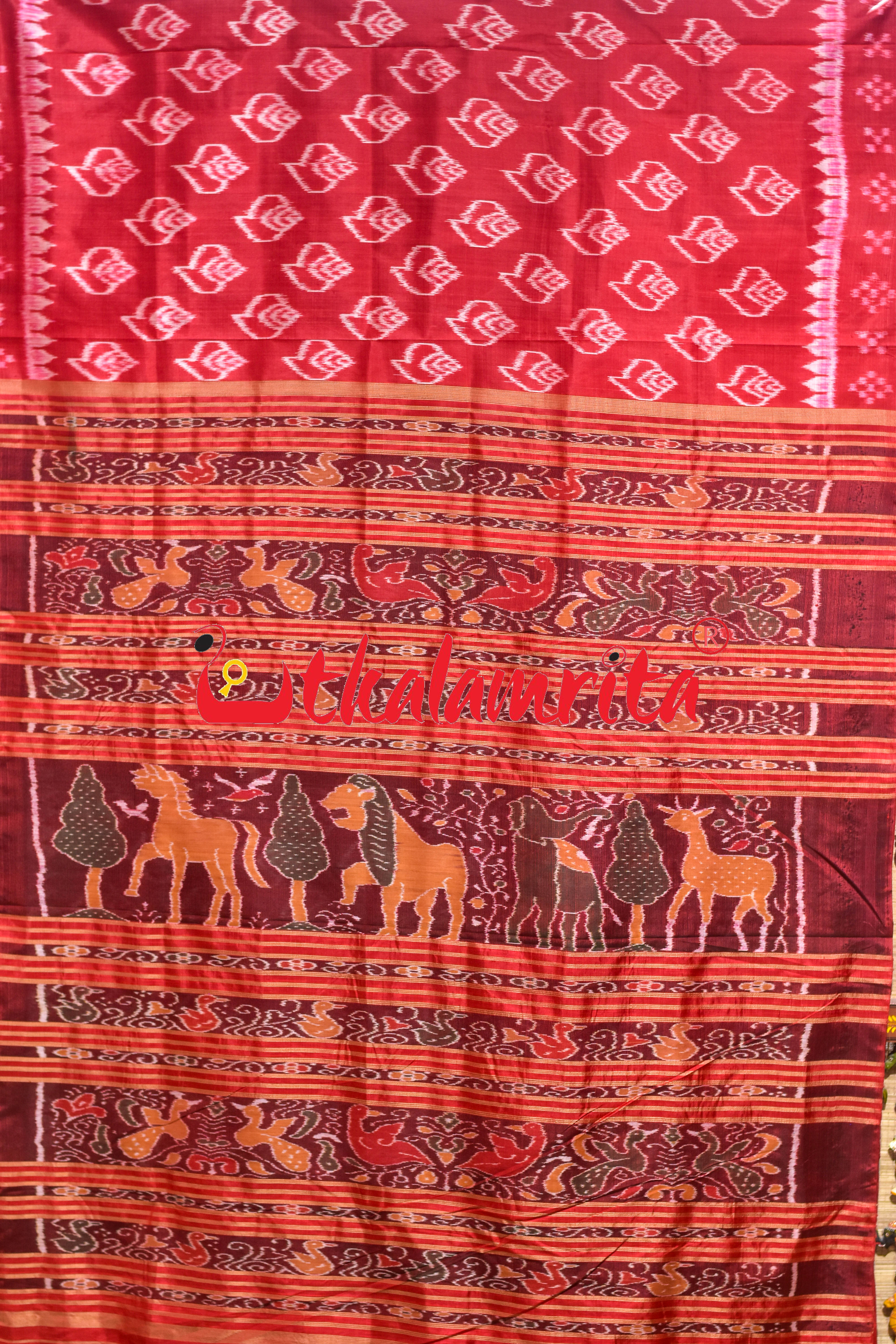 Self Red Sankha Khandua Silk Saree