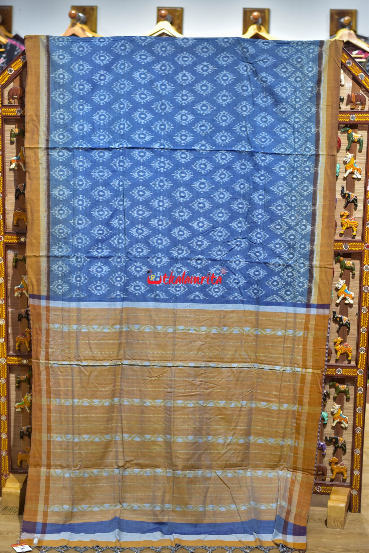 Tarabali Close Bandha Blue Yellow Maniabandha Cotton Saree