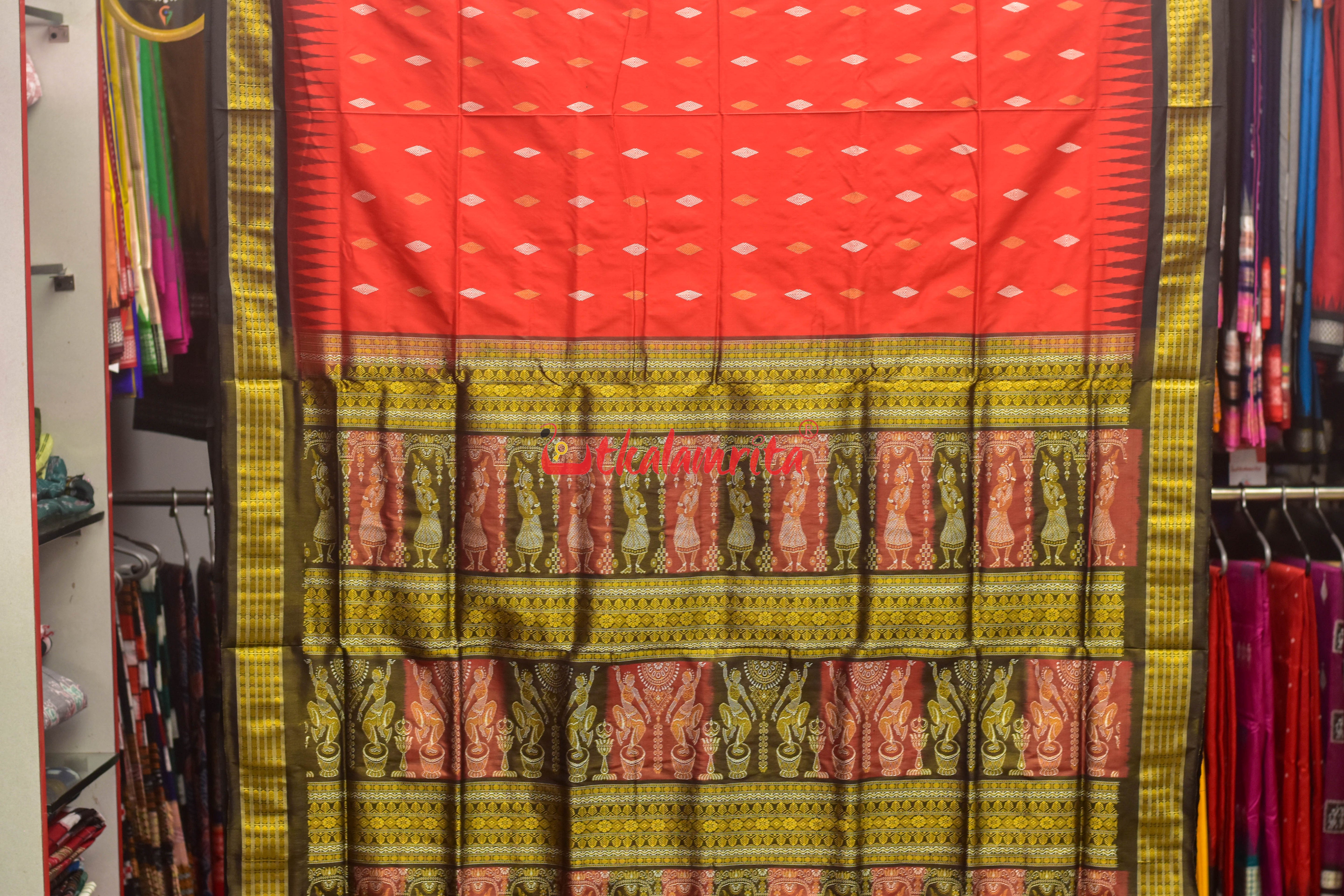 Red Black Half Tissue Bomkai Silk Saree