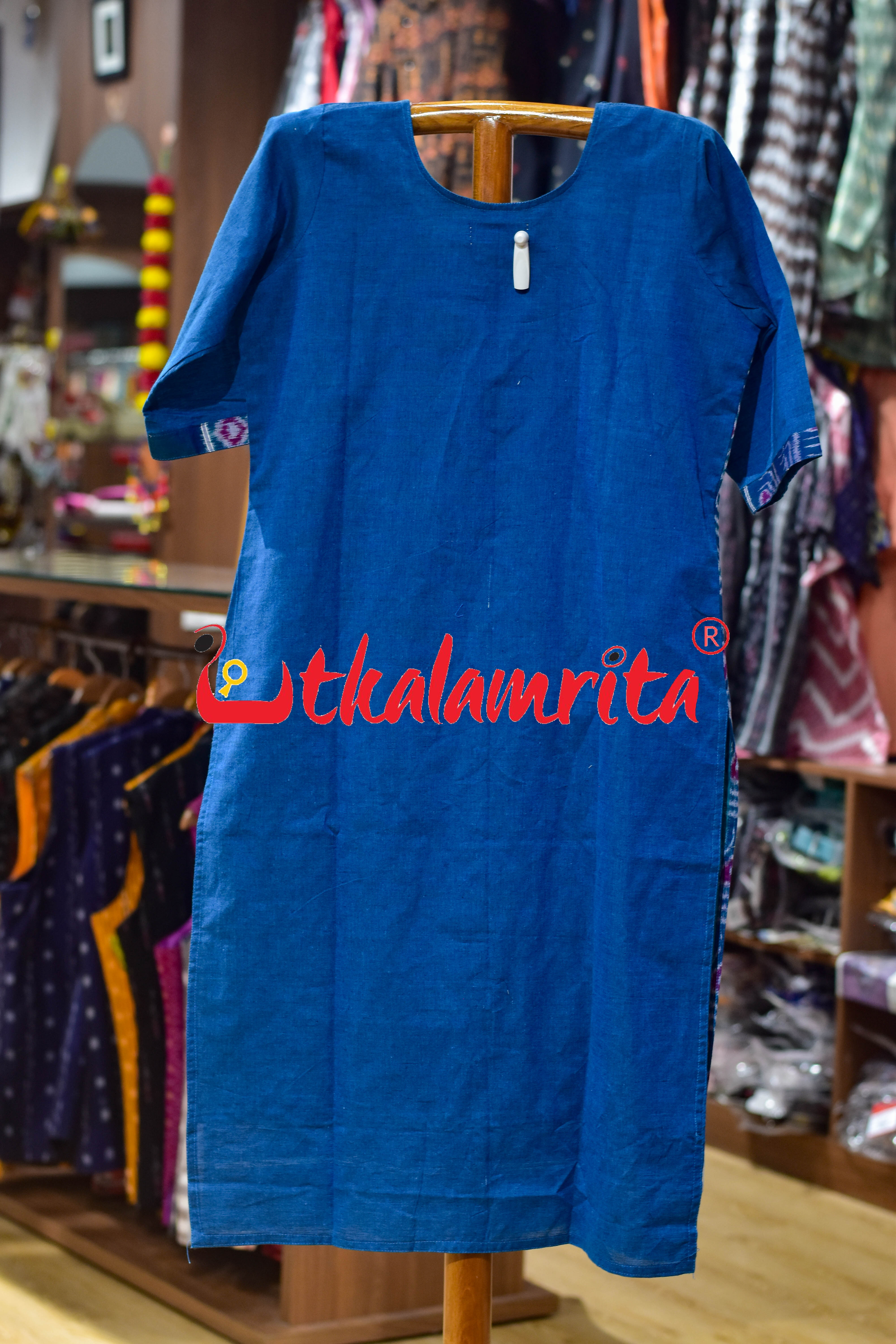 Teal Peacock Feathers Sambalpuri (Ladies Kurti)