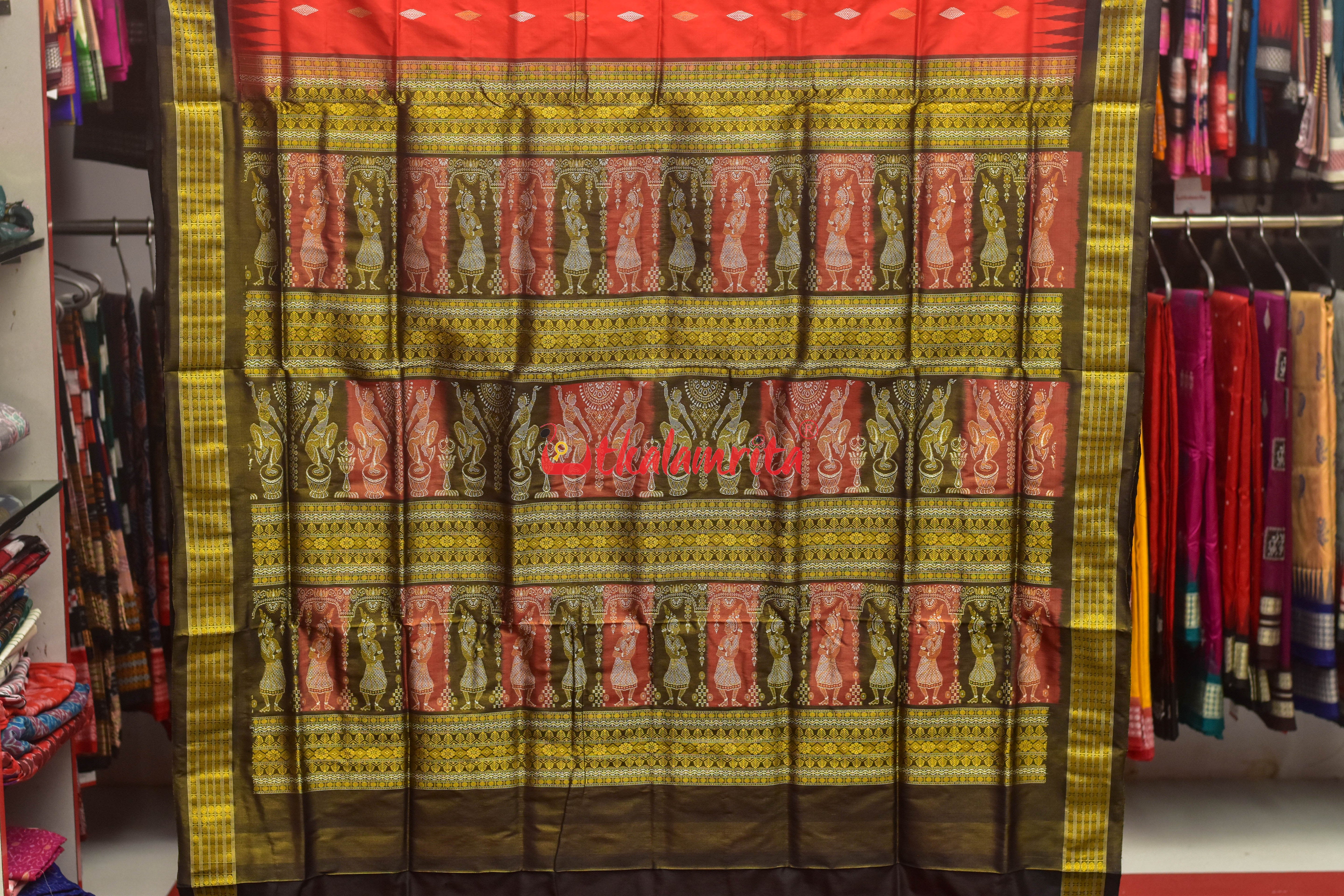 Red Black Half Tissue Bomkai Silk Saree
