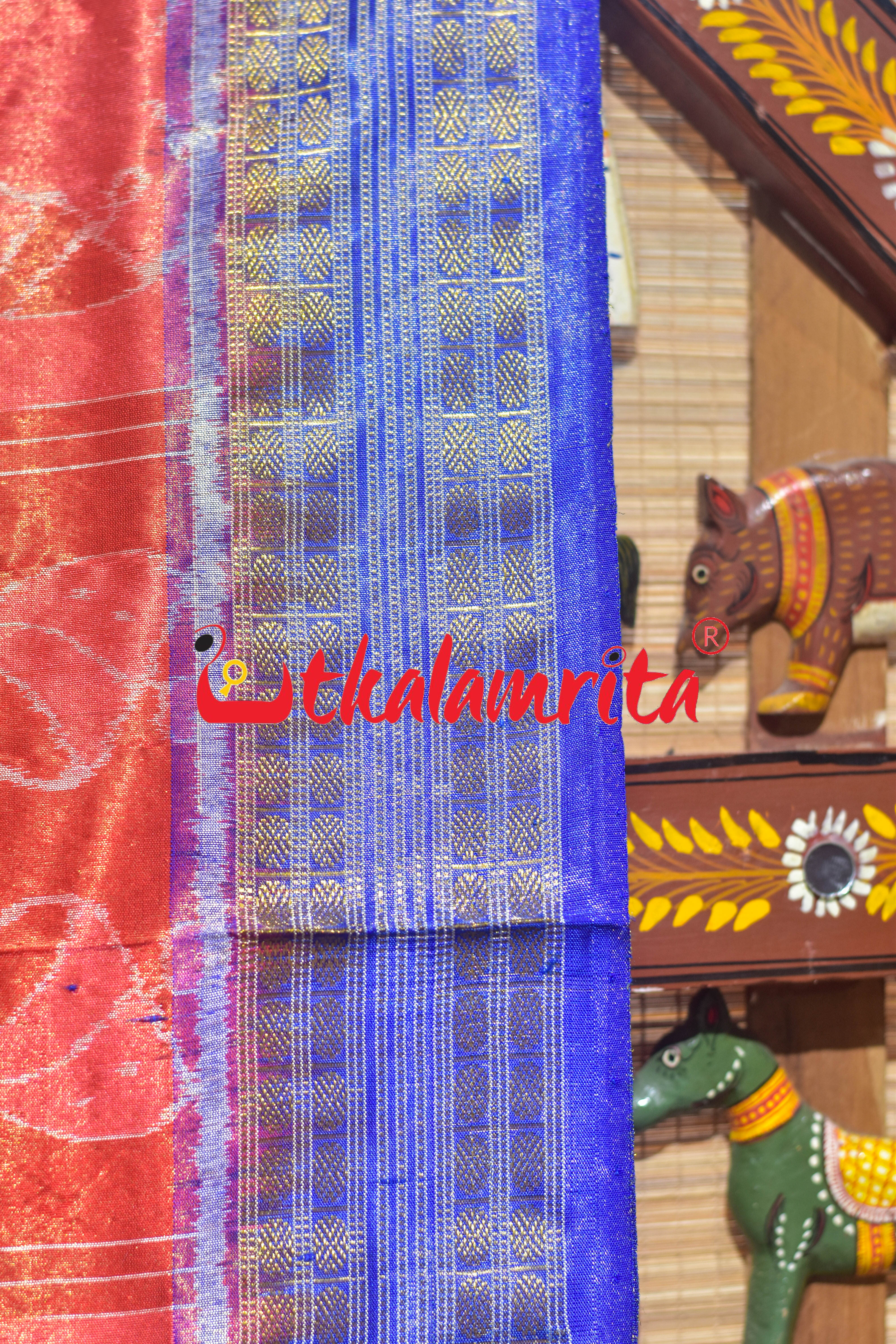 Red Blue Tribal Bandha Full Tissue Sambalpuri Silk Saree