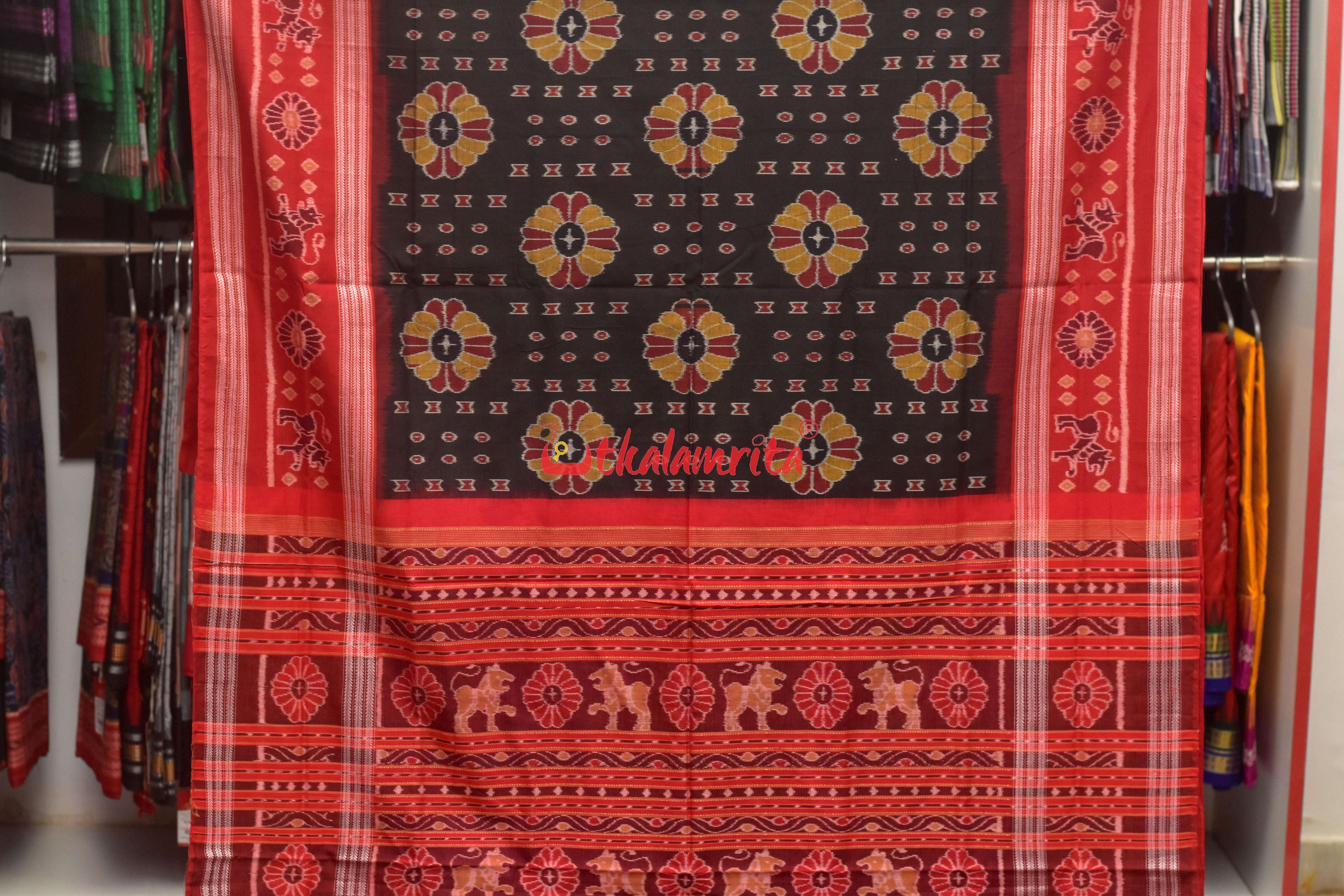Baghambari on Black Sambalpuri Cotton Saree