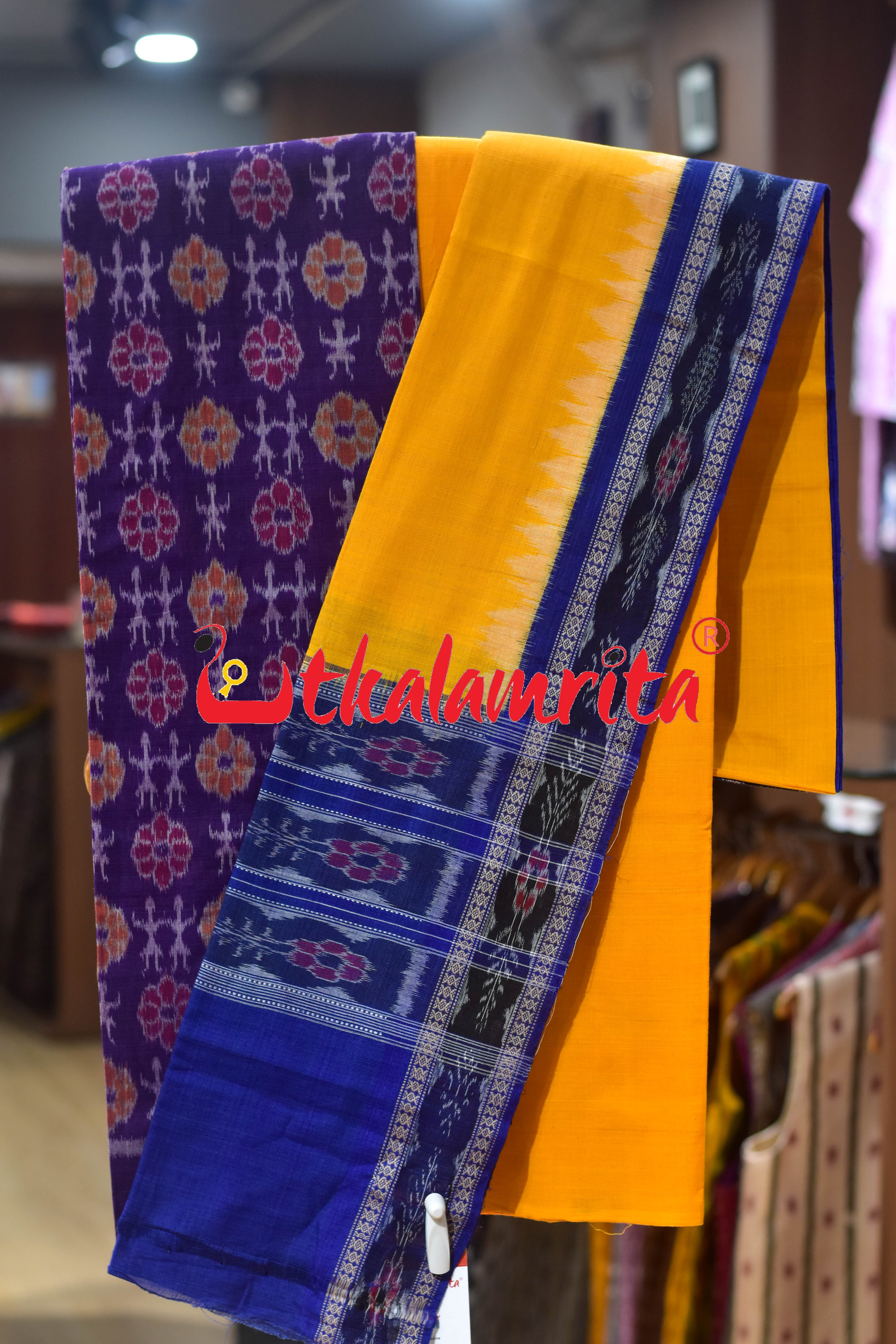 Purple Yellow Standing Tribals Sambalpuri Cotton Dress Set