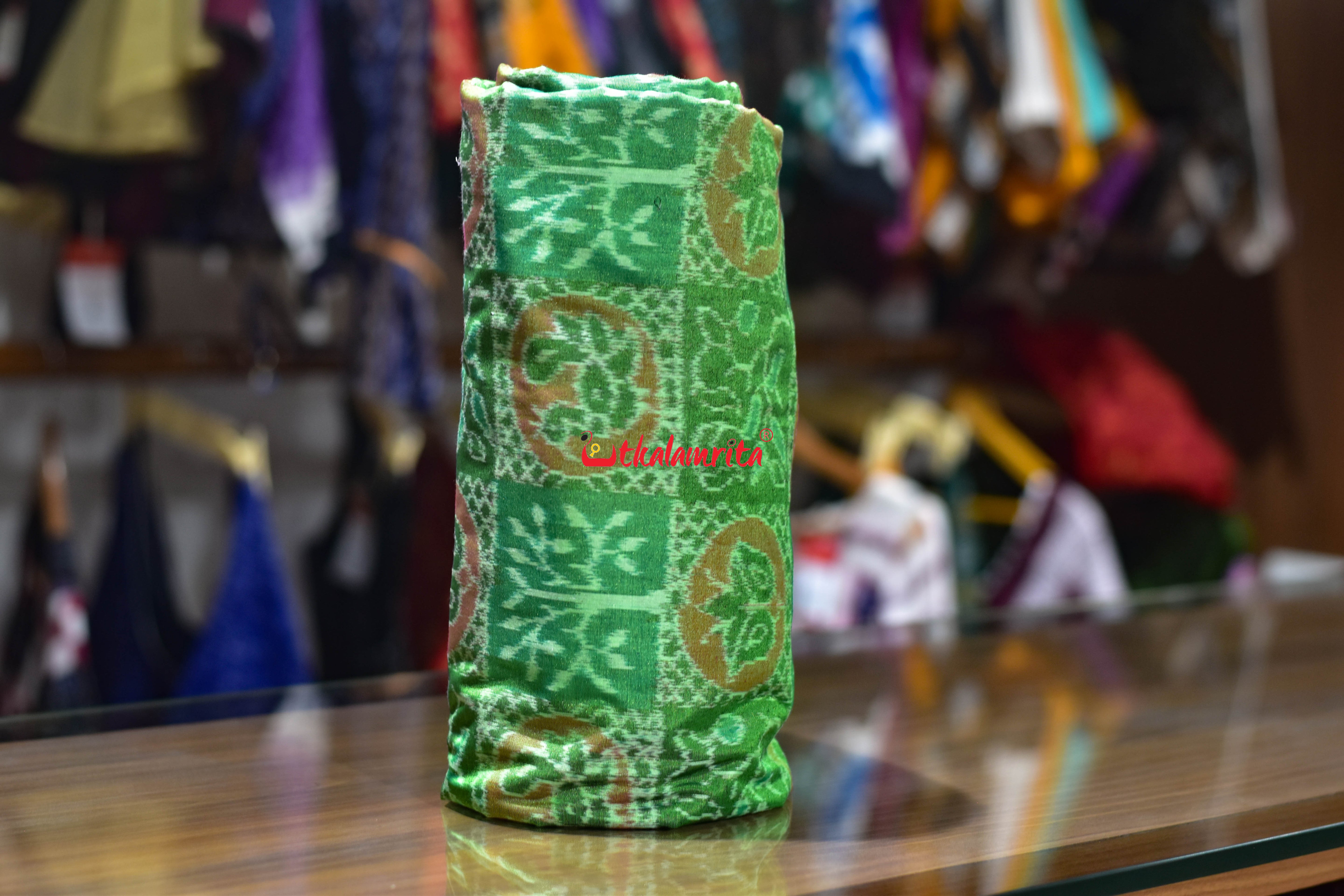 Bright Green Tree Peacock Sambalpuri Cotton (Fabric)