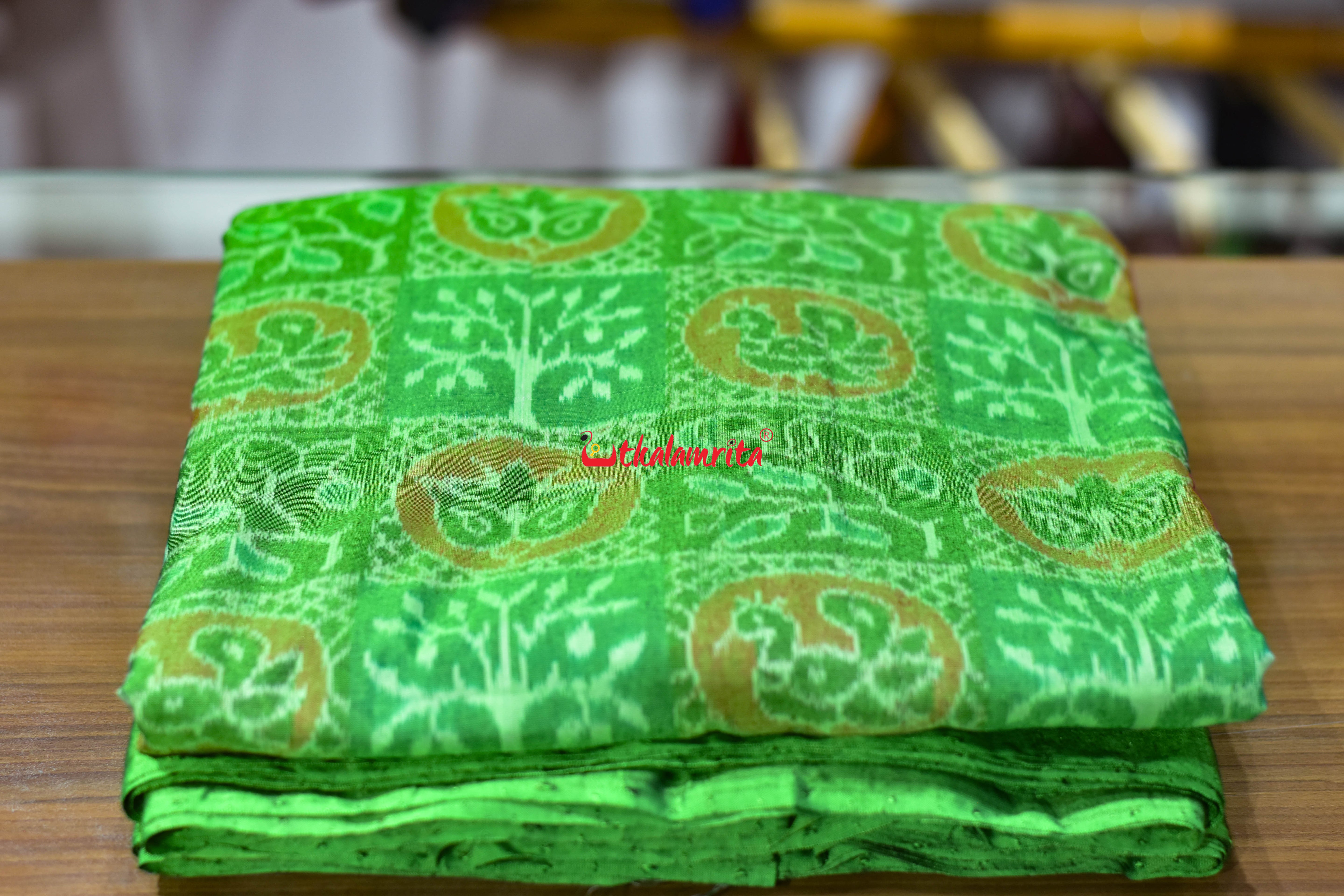 Bright Green Tree Peacock Sambalpuri Cotton (Fabric)