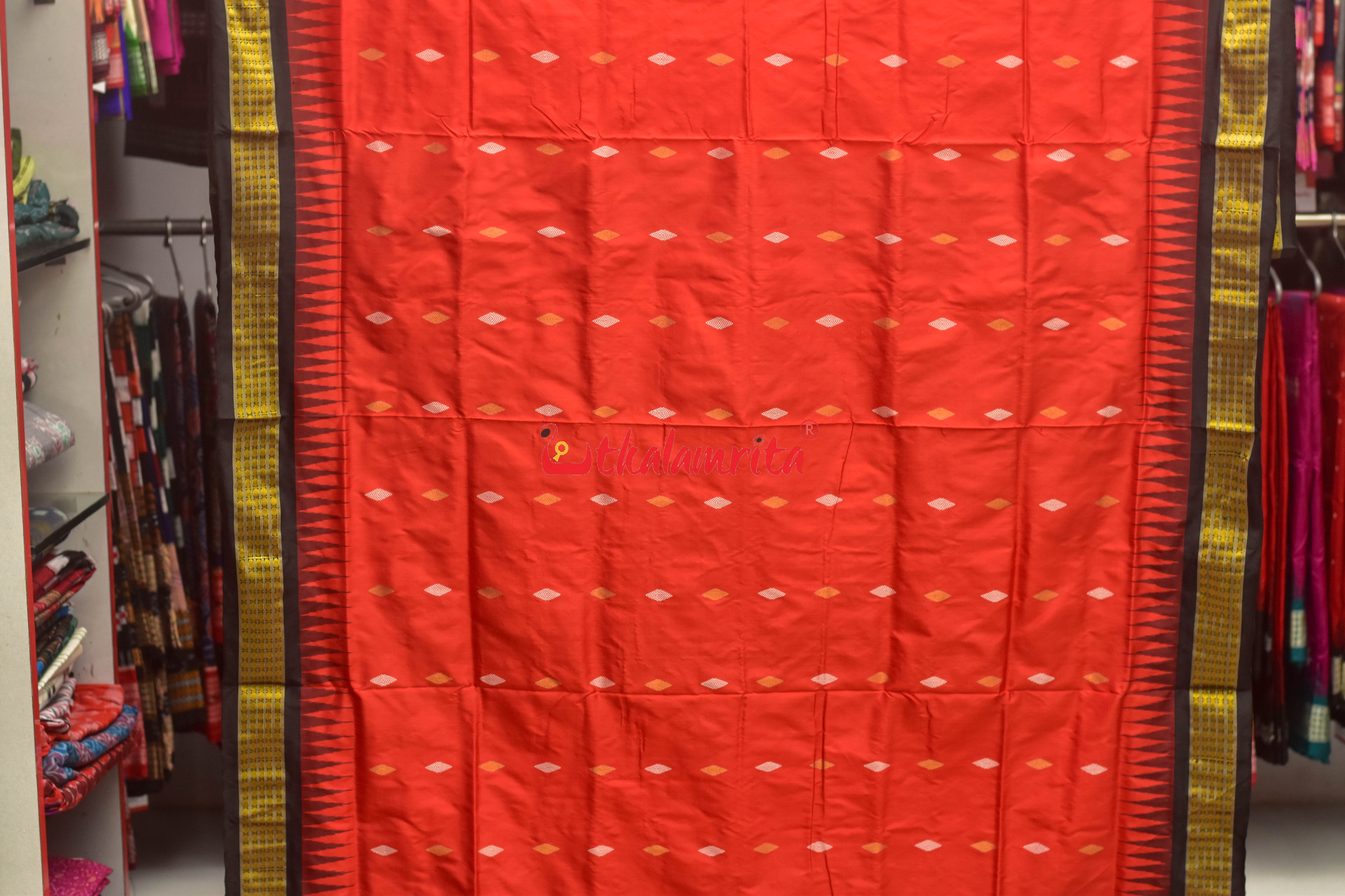 Red Black Half Tissue Bomkai Silk Saree