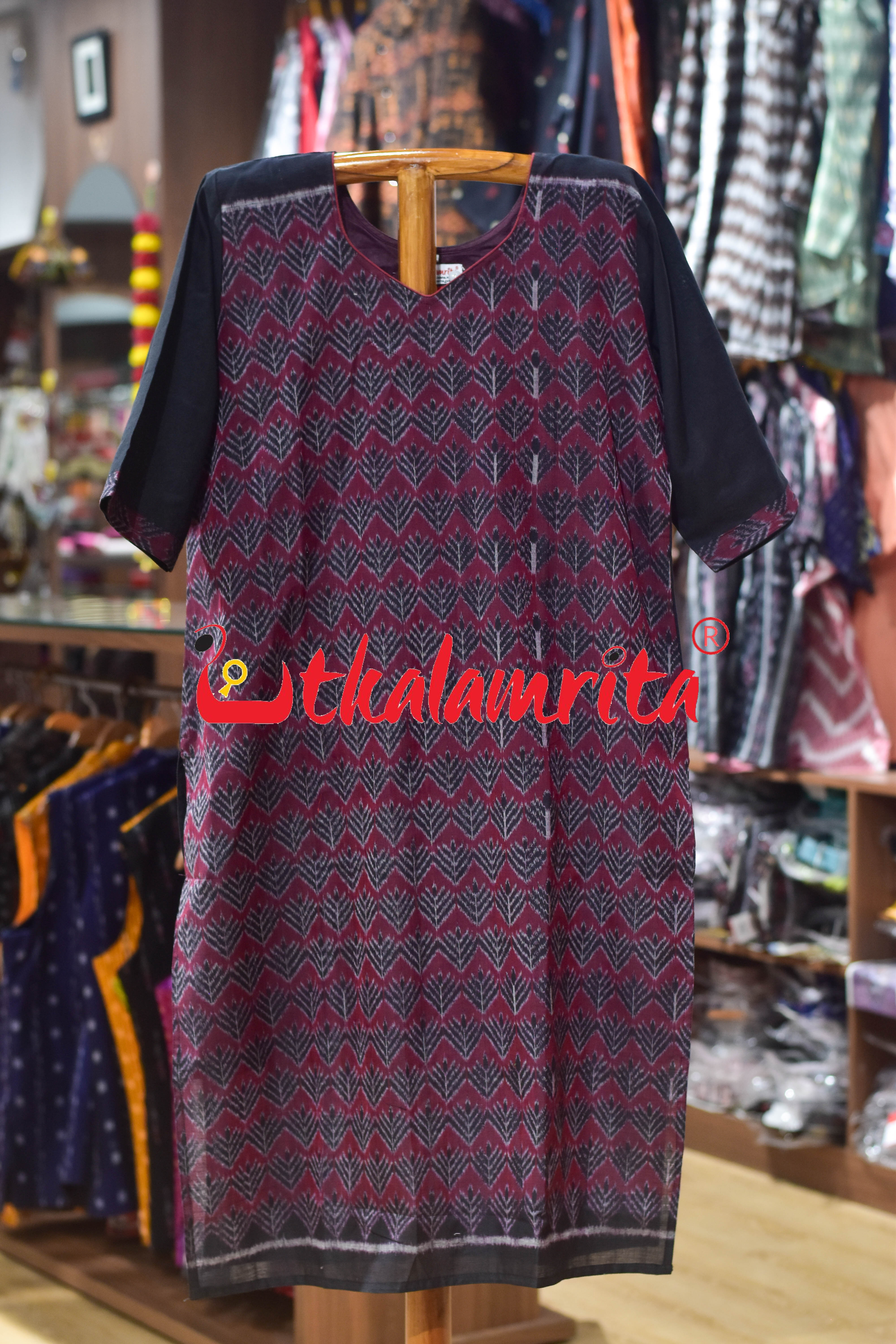 Black and Maroon Ferns Sambalpuri (Ladies Kurti)