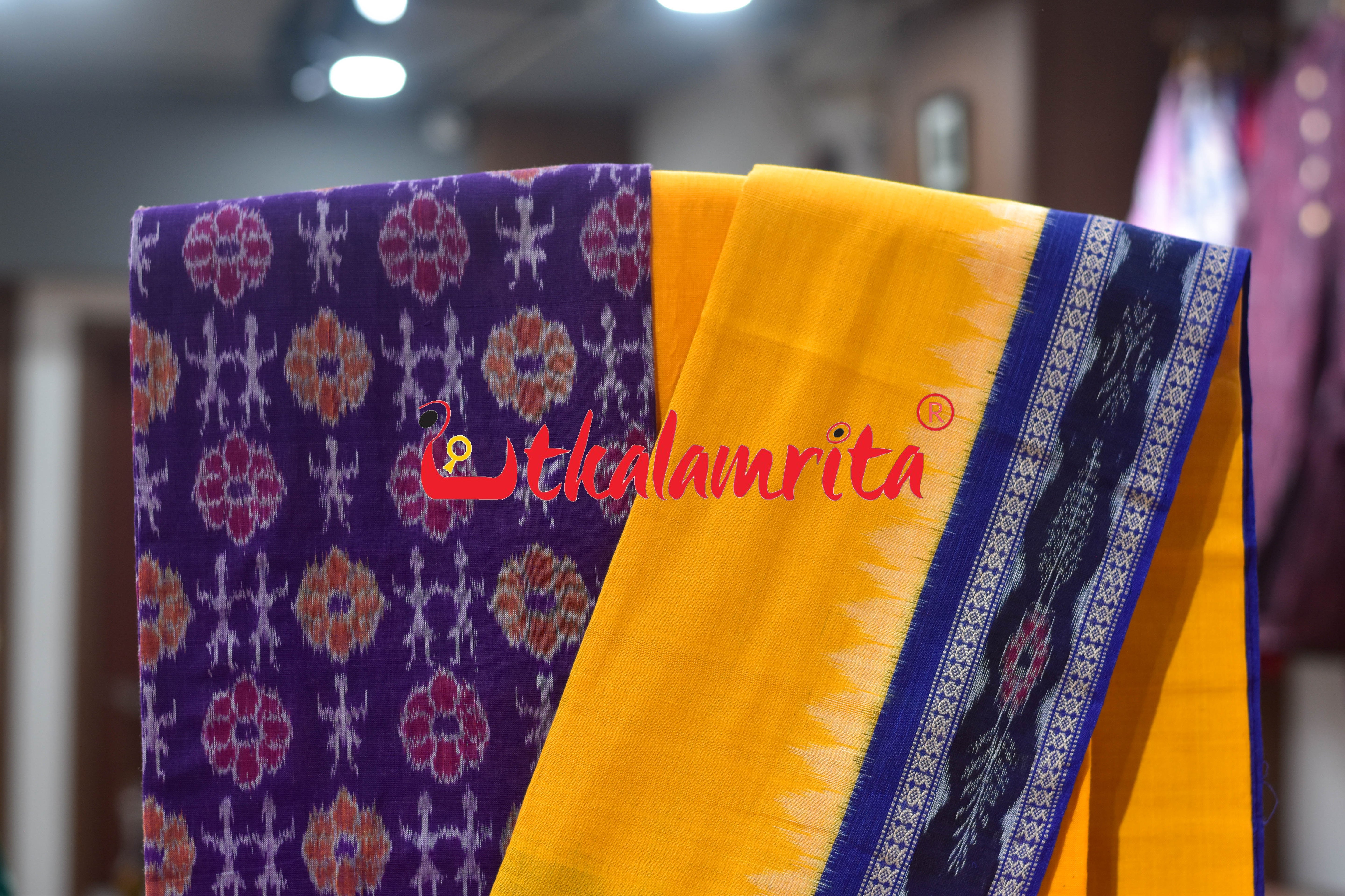 Purple Yellow Standing Tribals Sambalpuri Cotton Dress Set