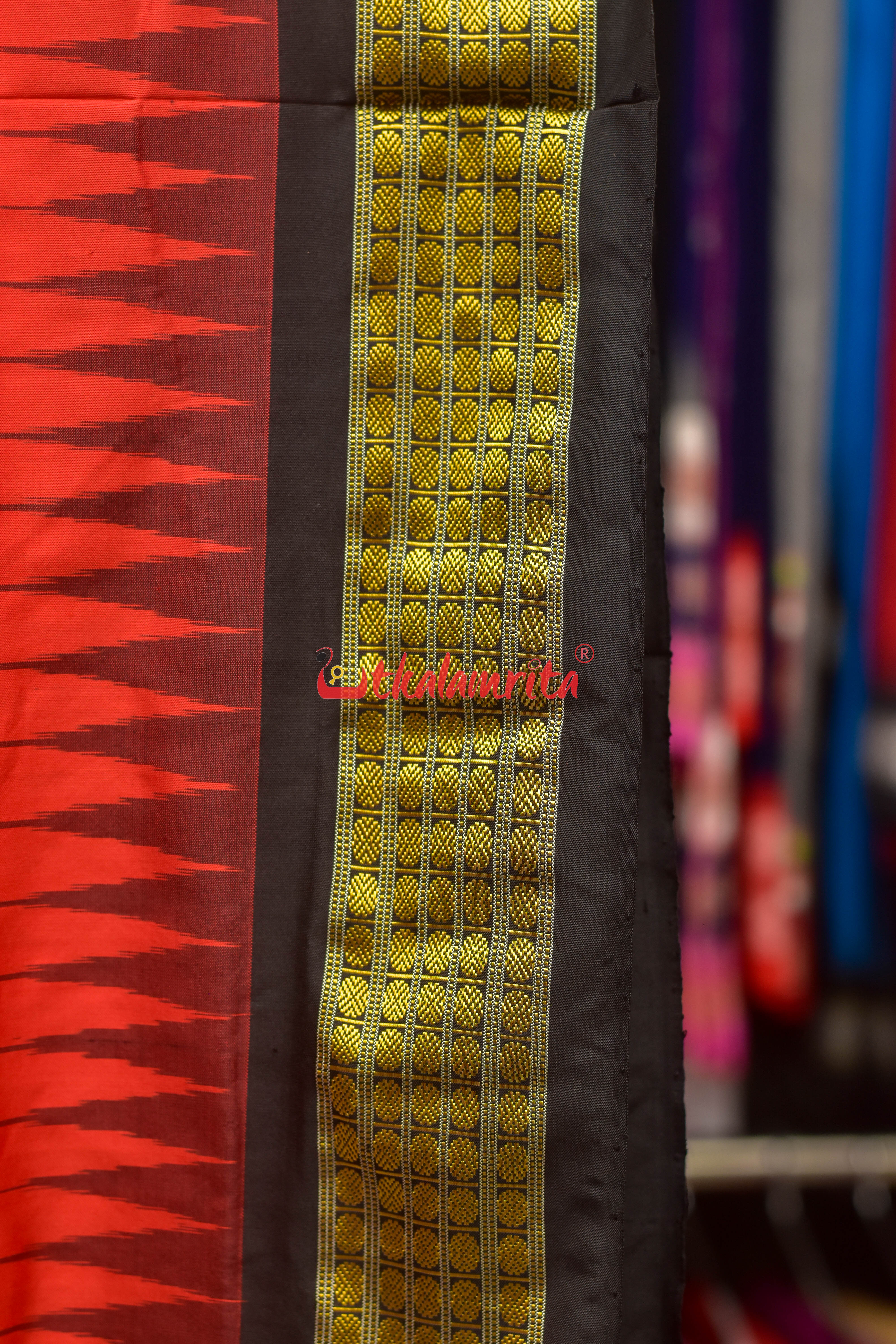 Red Black Half Tissue Bomkai Silk Saree
