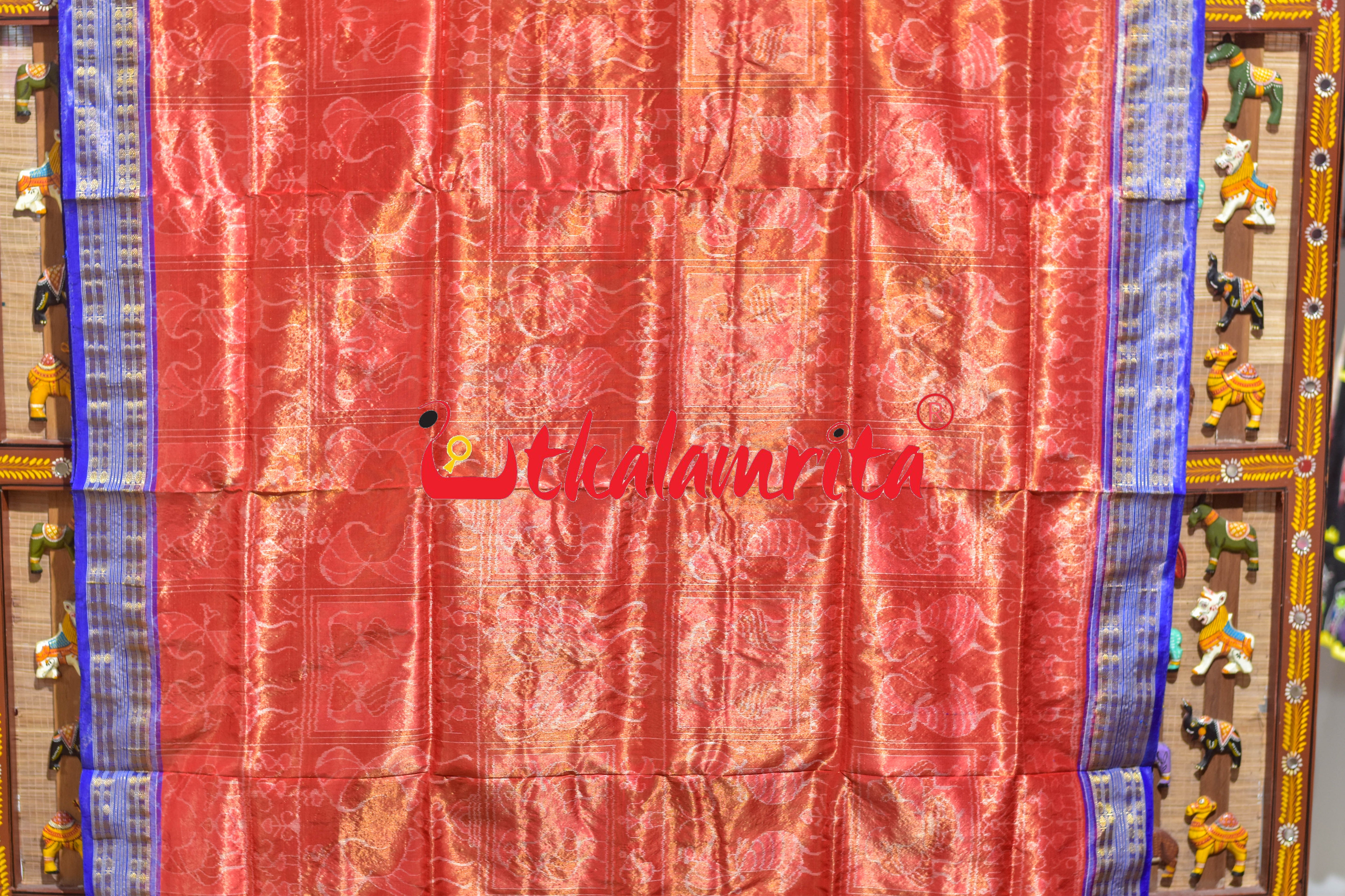 Red Blue Tribal Bandha Full Tissue Sambalpuri Silk Saree