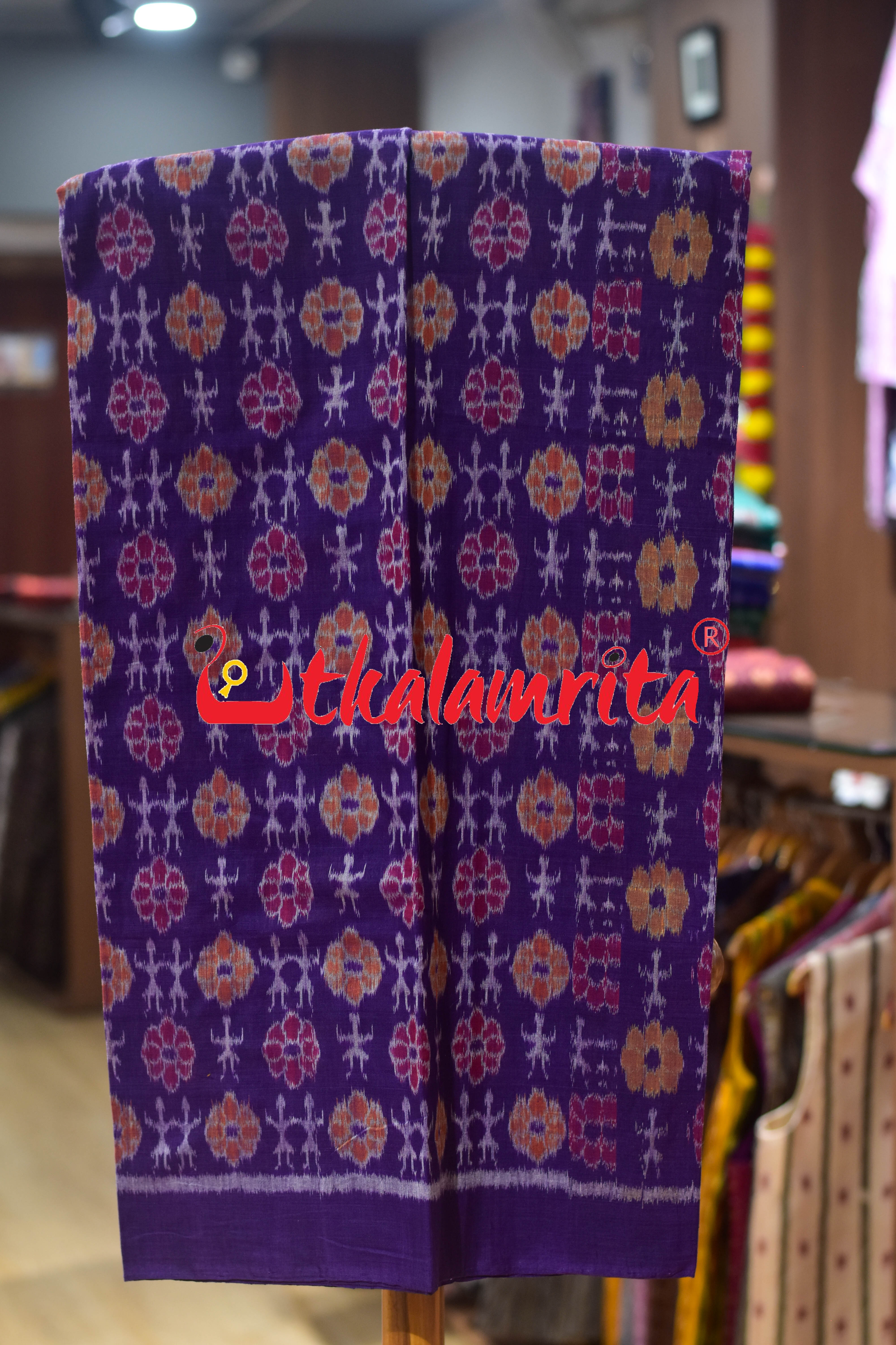 Purple Yellow Standing Tribals Sambalpuri Cotton Dress Set