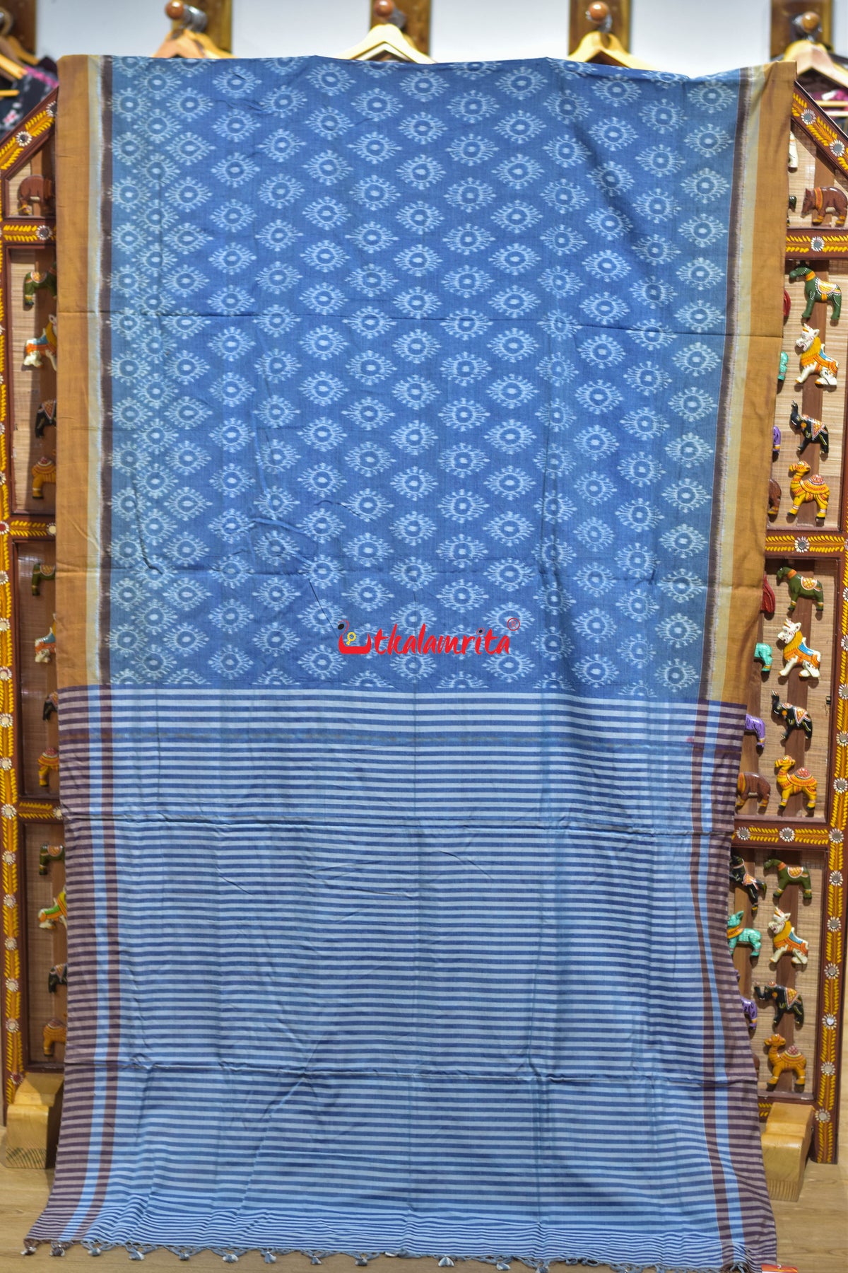 Tarabali Close Bandha Blue Yellow Maniabandha Cotton Saree
