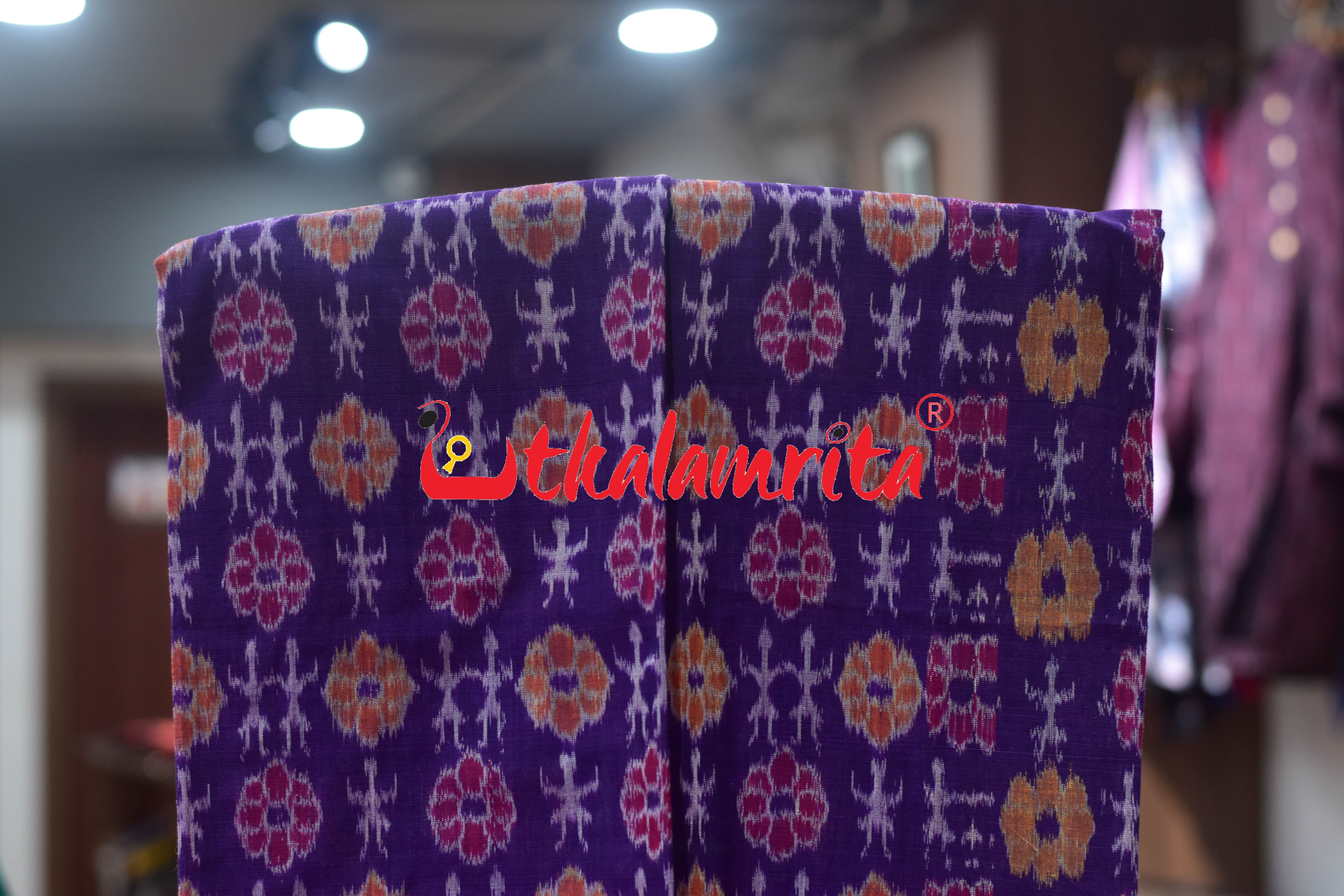 Purple Yellow Standing Tribals Sambalpuri Cotton Dress Set