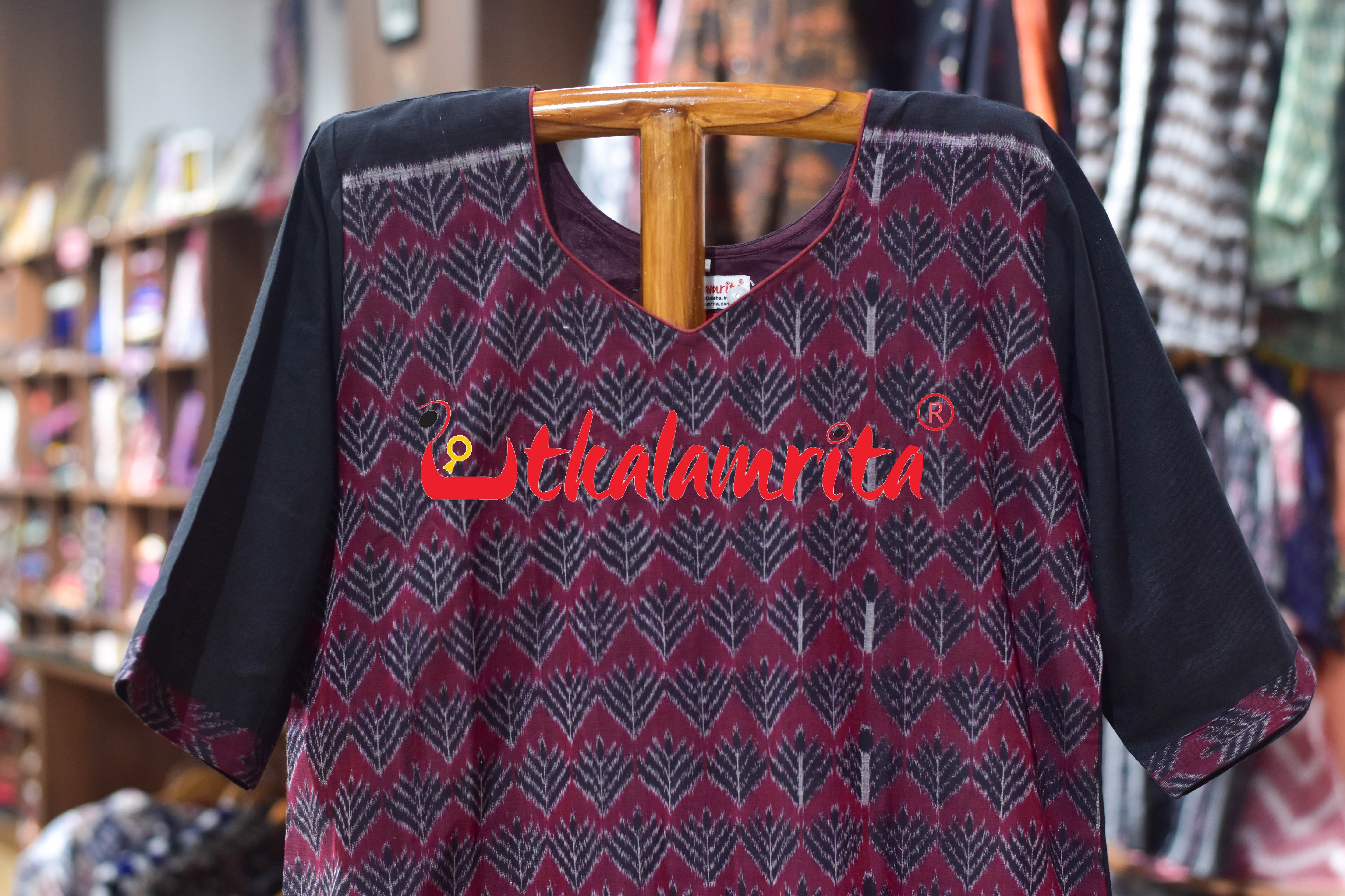 Black and Maroon Ferns Sambalpuri (Ladies Kurti)