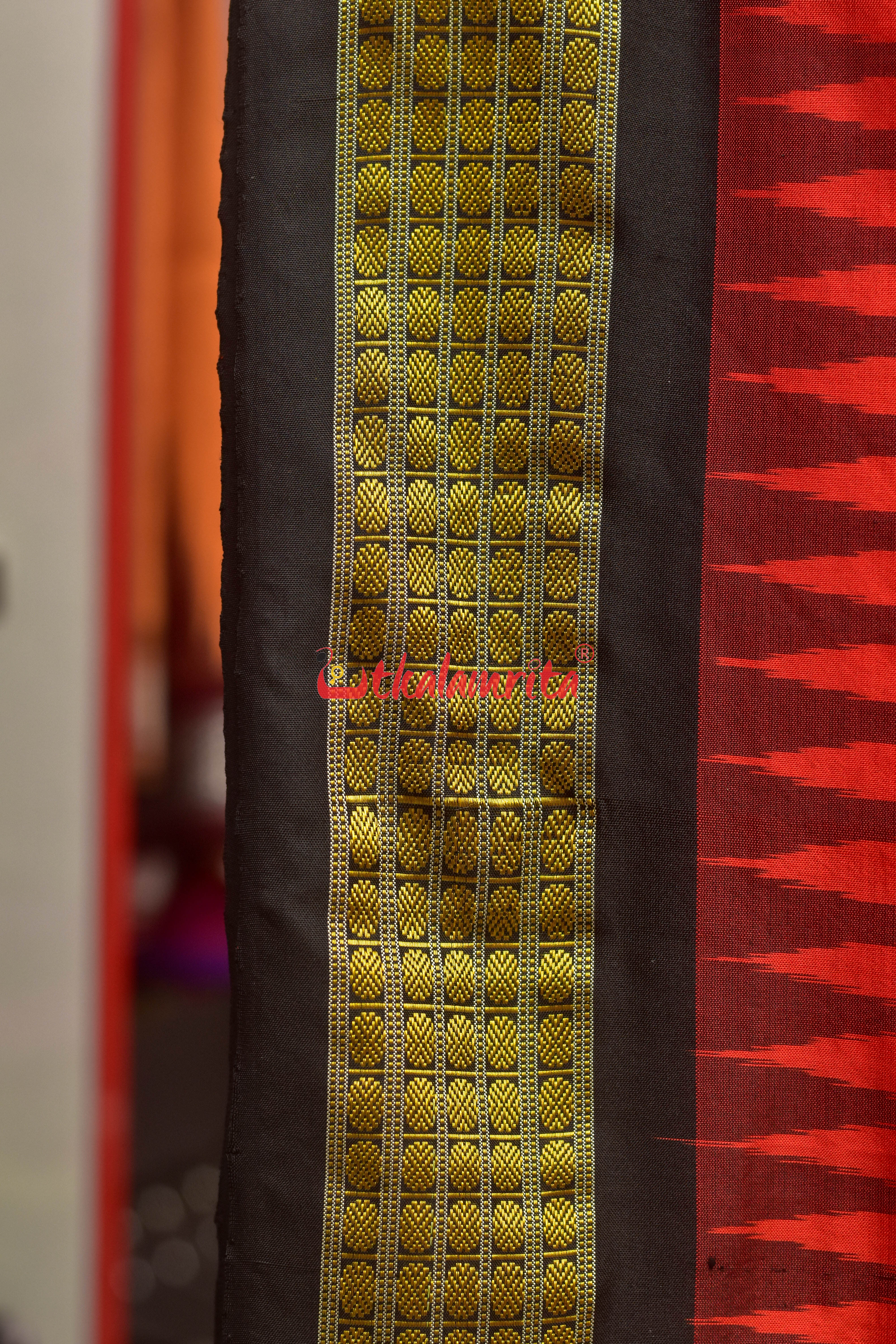 Red Black Half Tissue Bomkai Silk Saree
