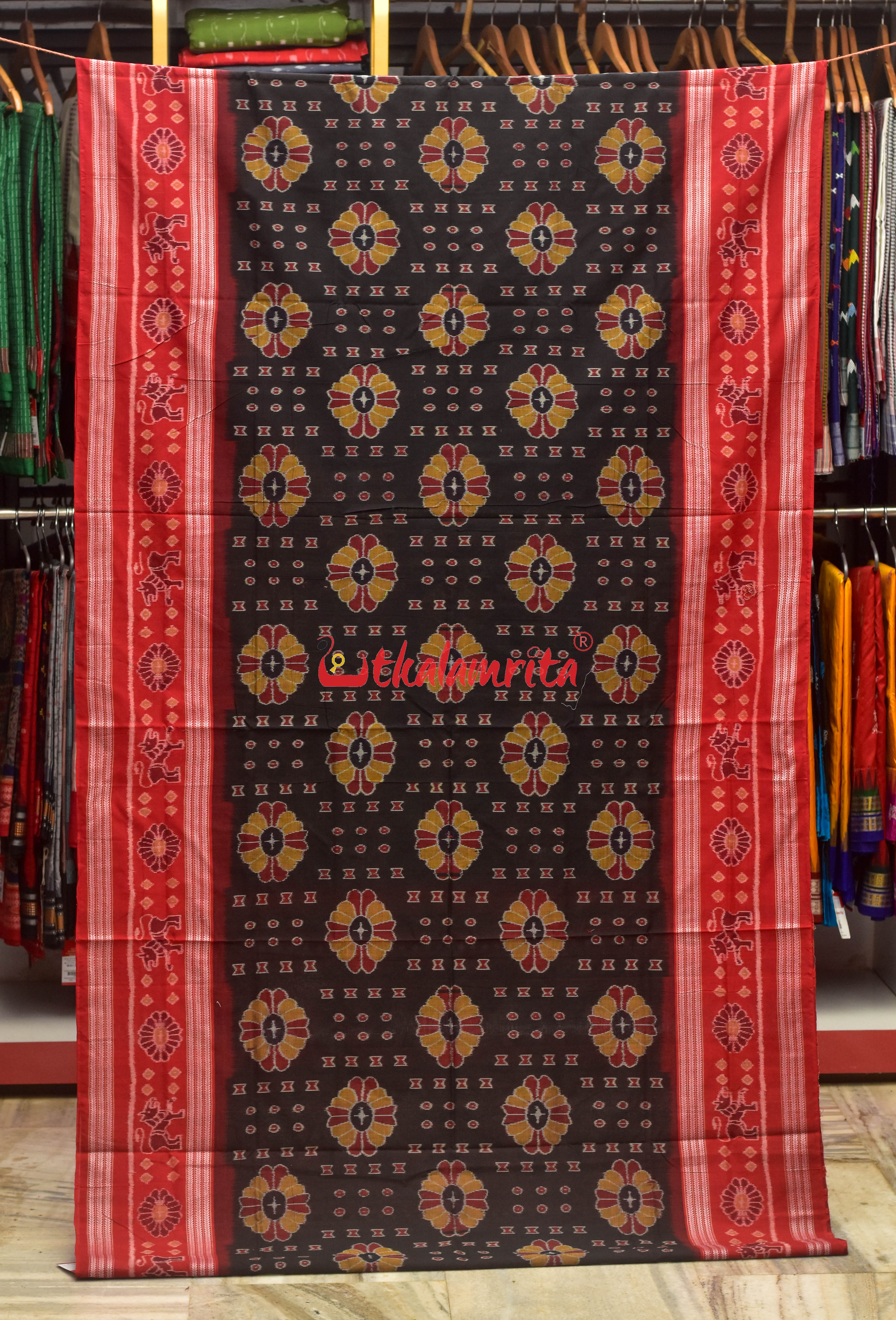 Baghambari on Black Sambalpuri Cotton Saree