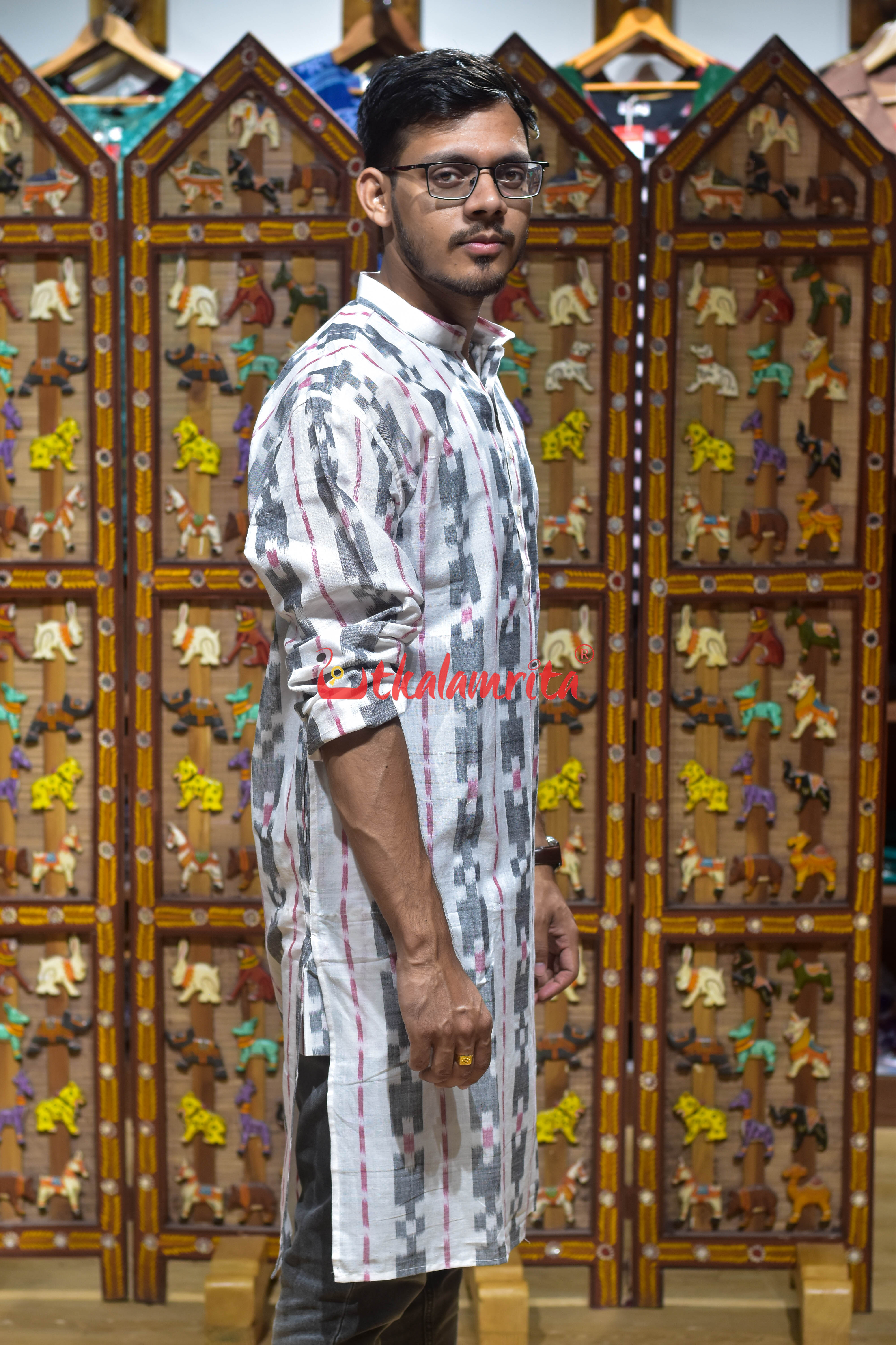 White Black Pasapali (Men's Long Kurta)