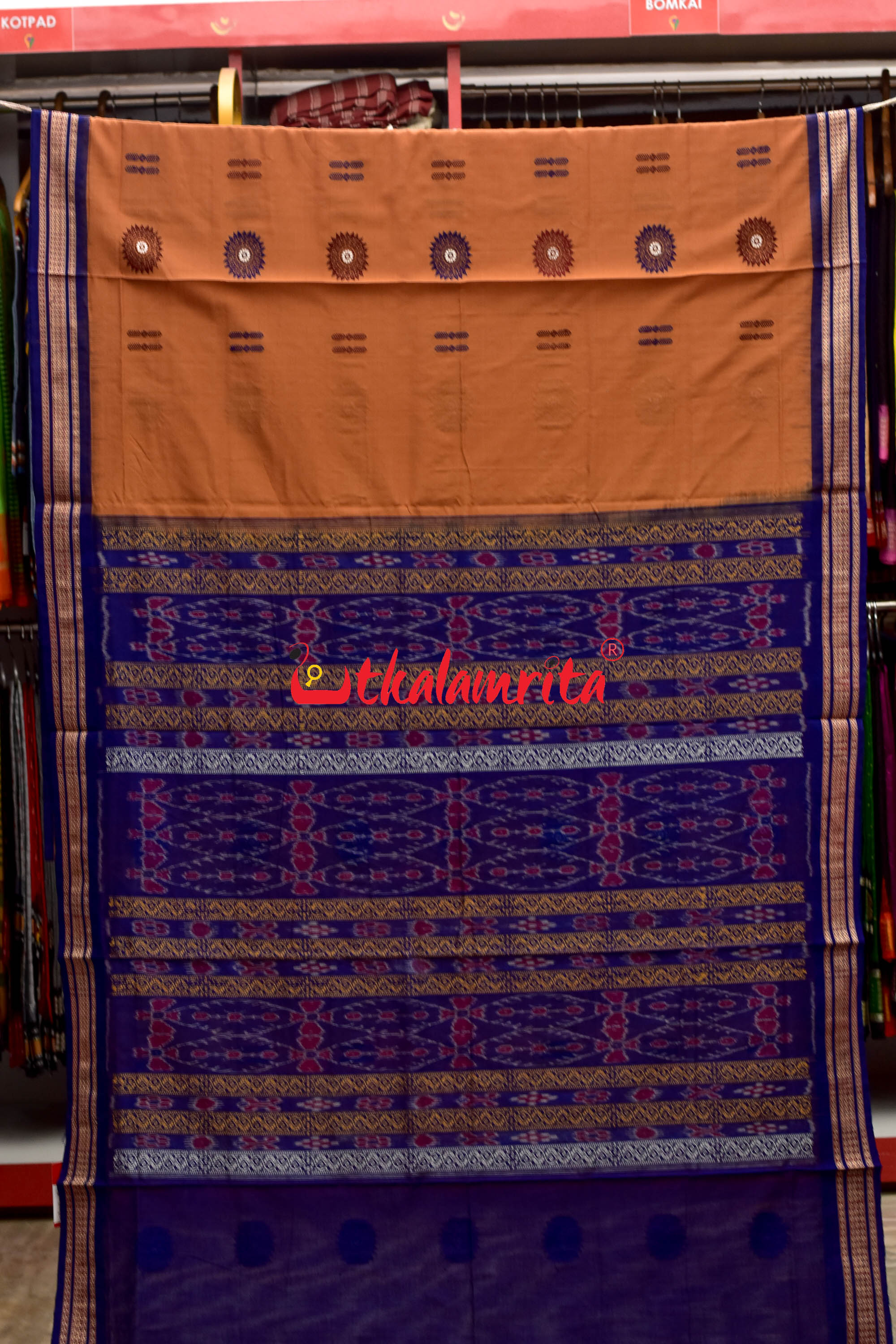 Biscuit Blue Padam Bomkai Cotton Saree