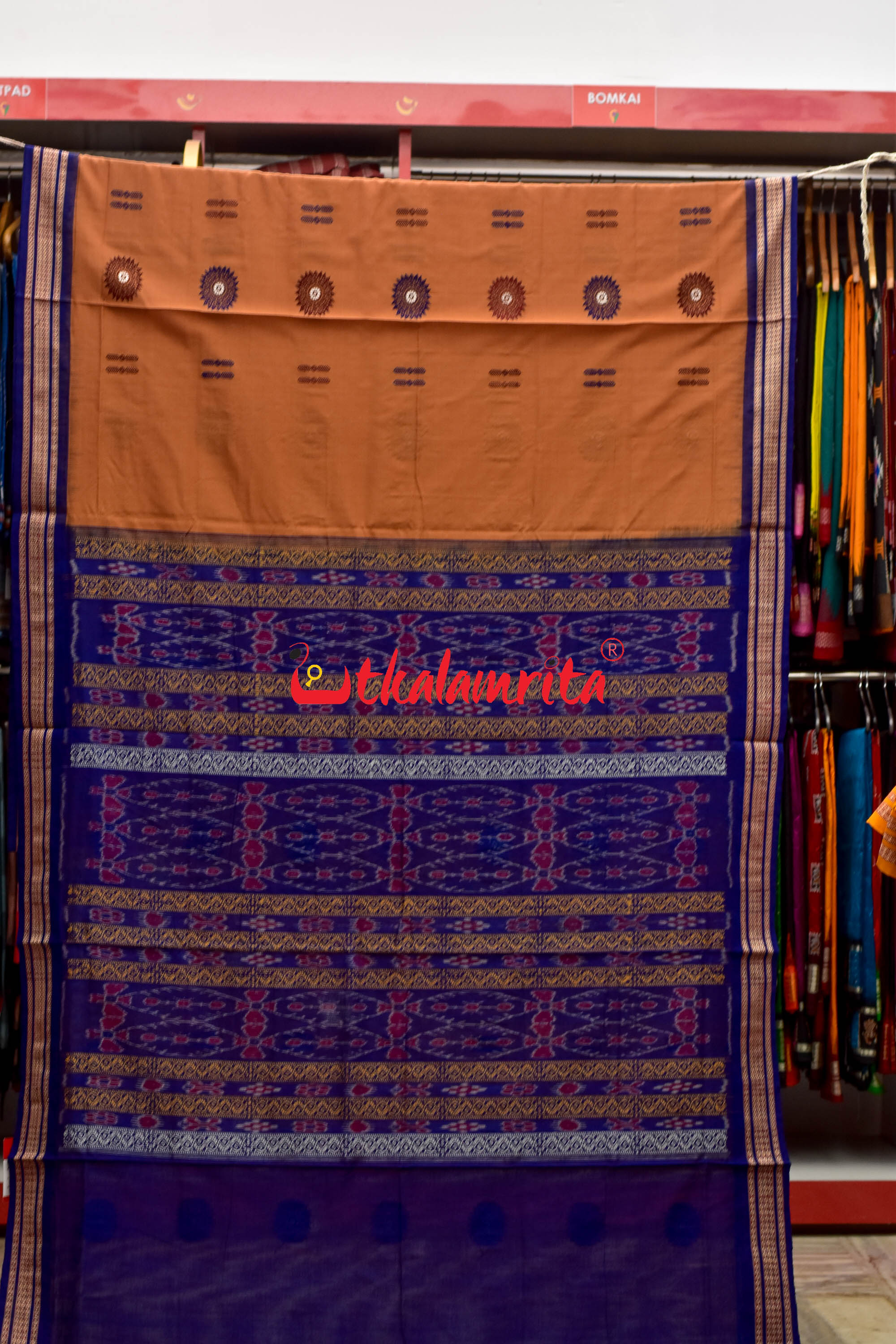 Biscuit Blue Padam Bomkai Cotton Saree