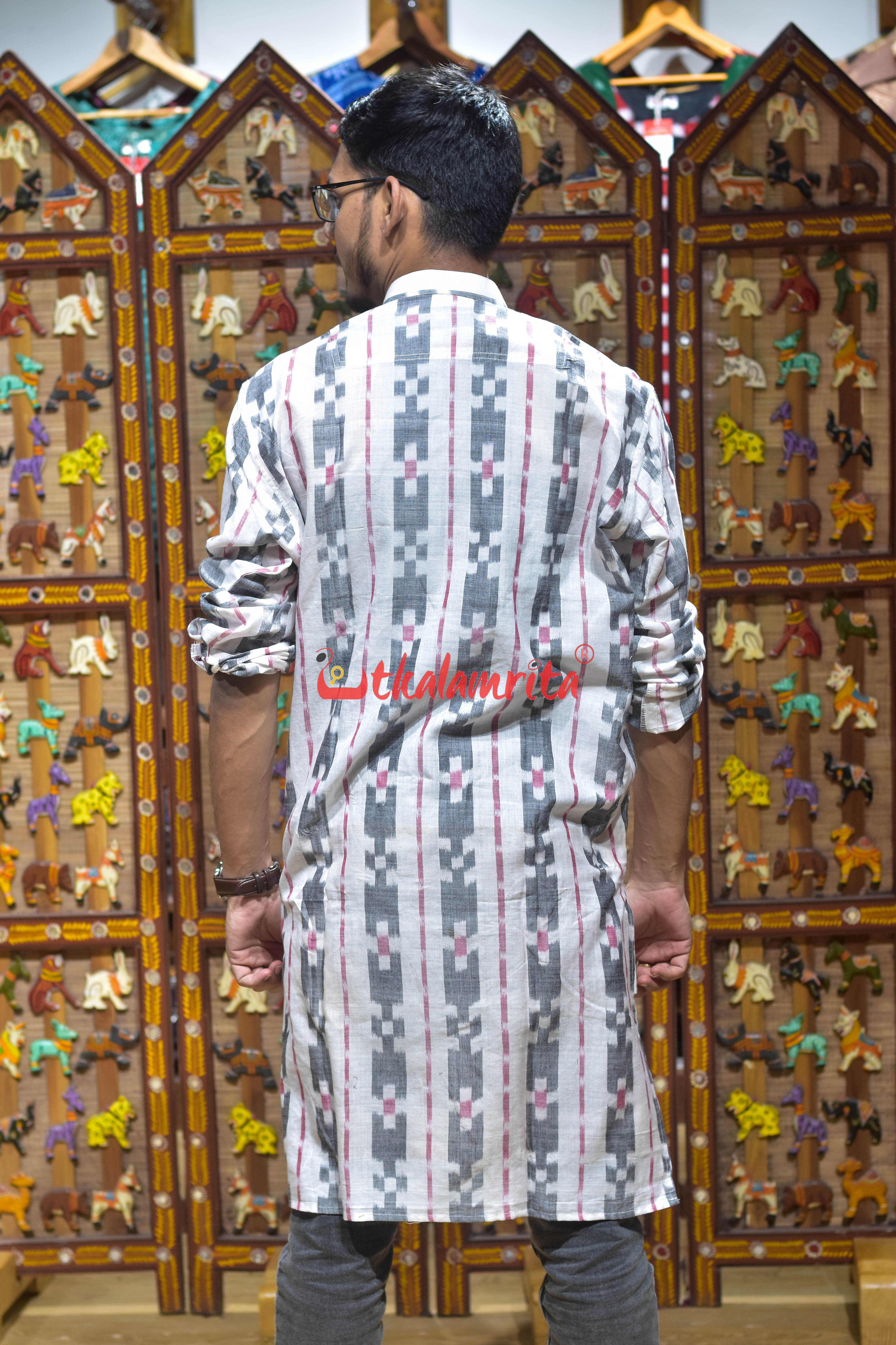 White Black Pasapali (Men's Long Kurta)