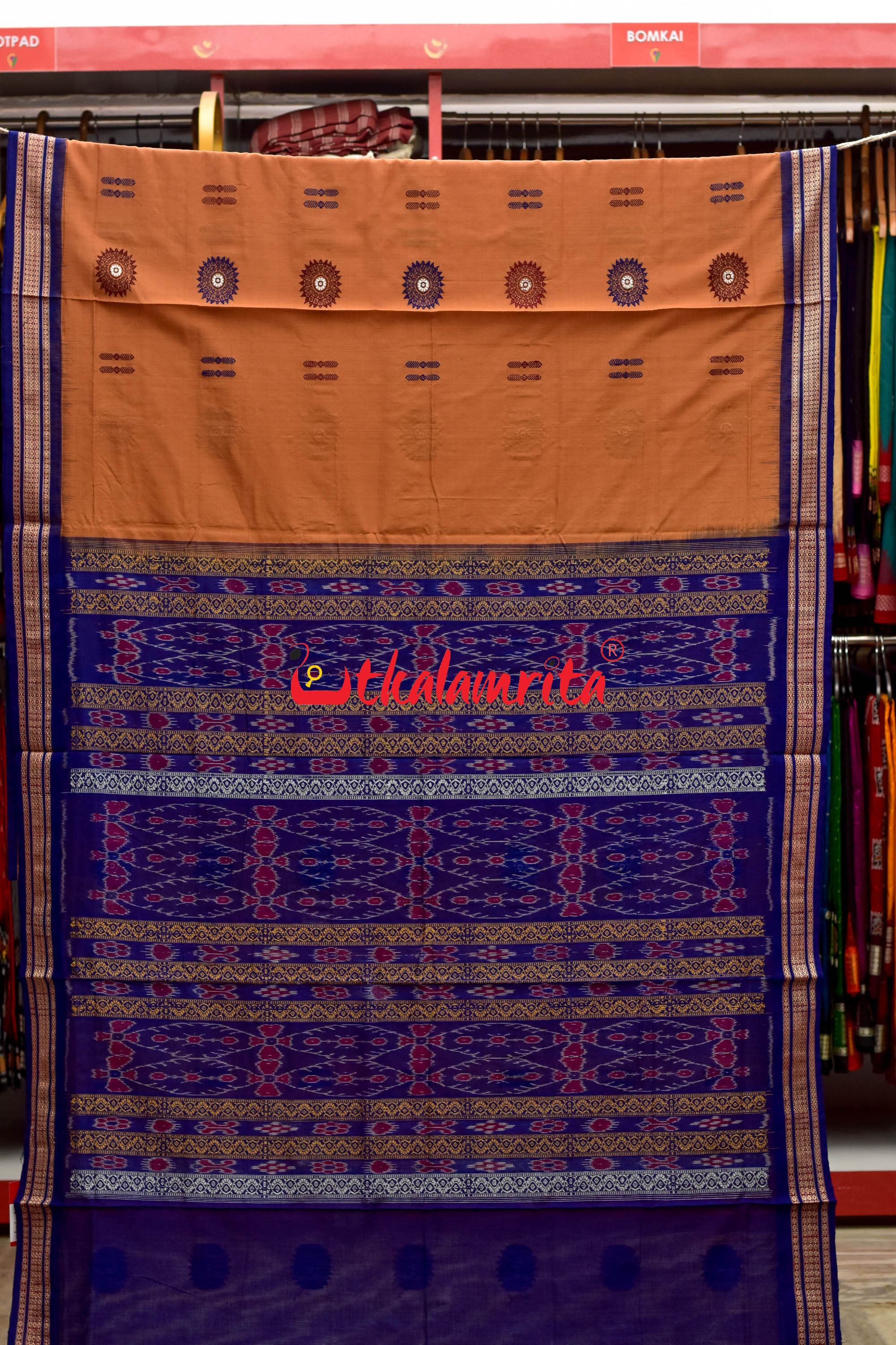 Biscuit Blue Padam Bomkai Cotton Saree