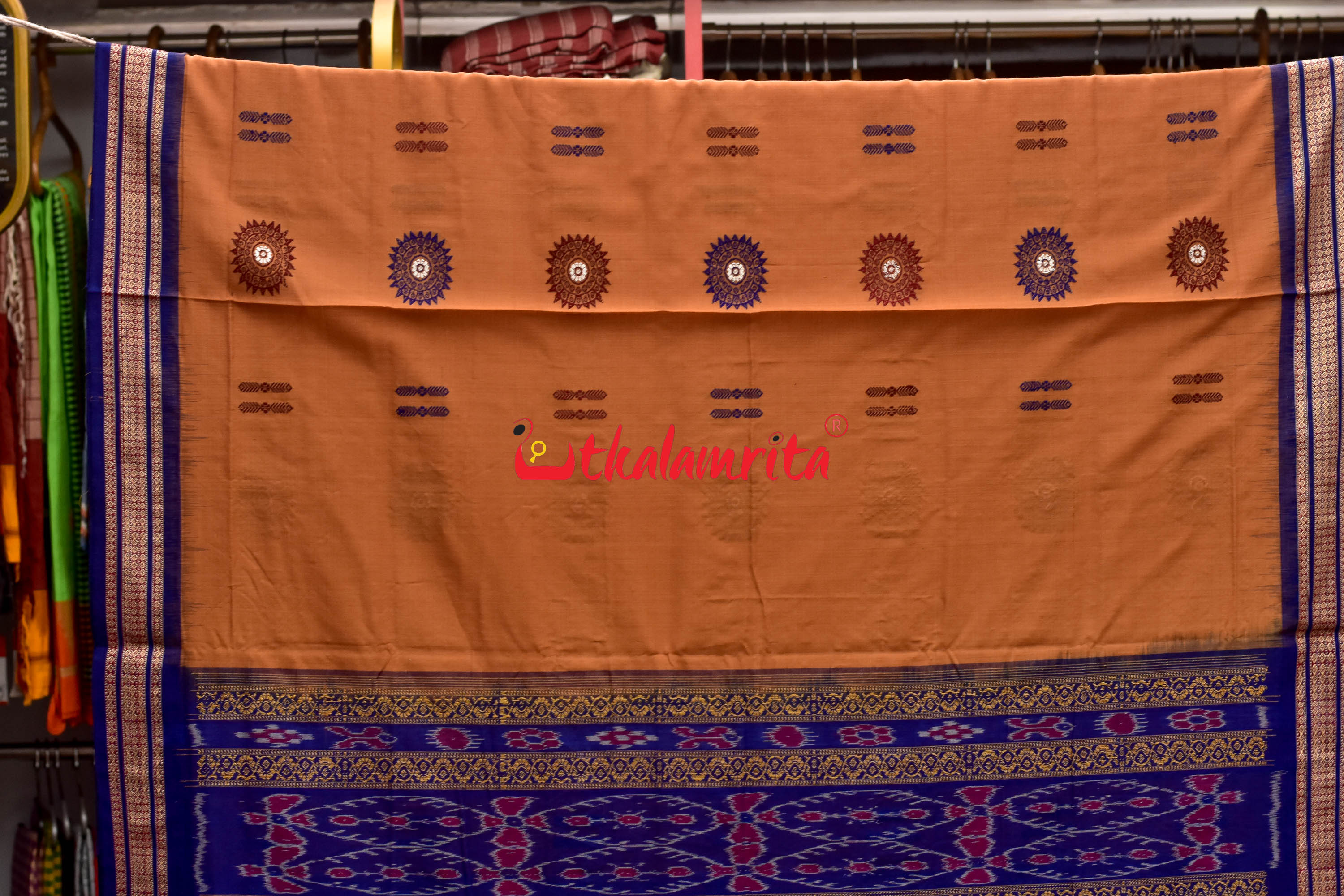 Biscuit Blue Padam Bomkai Cotton Saree