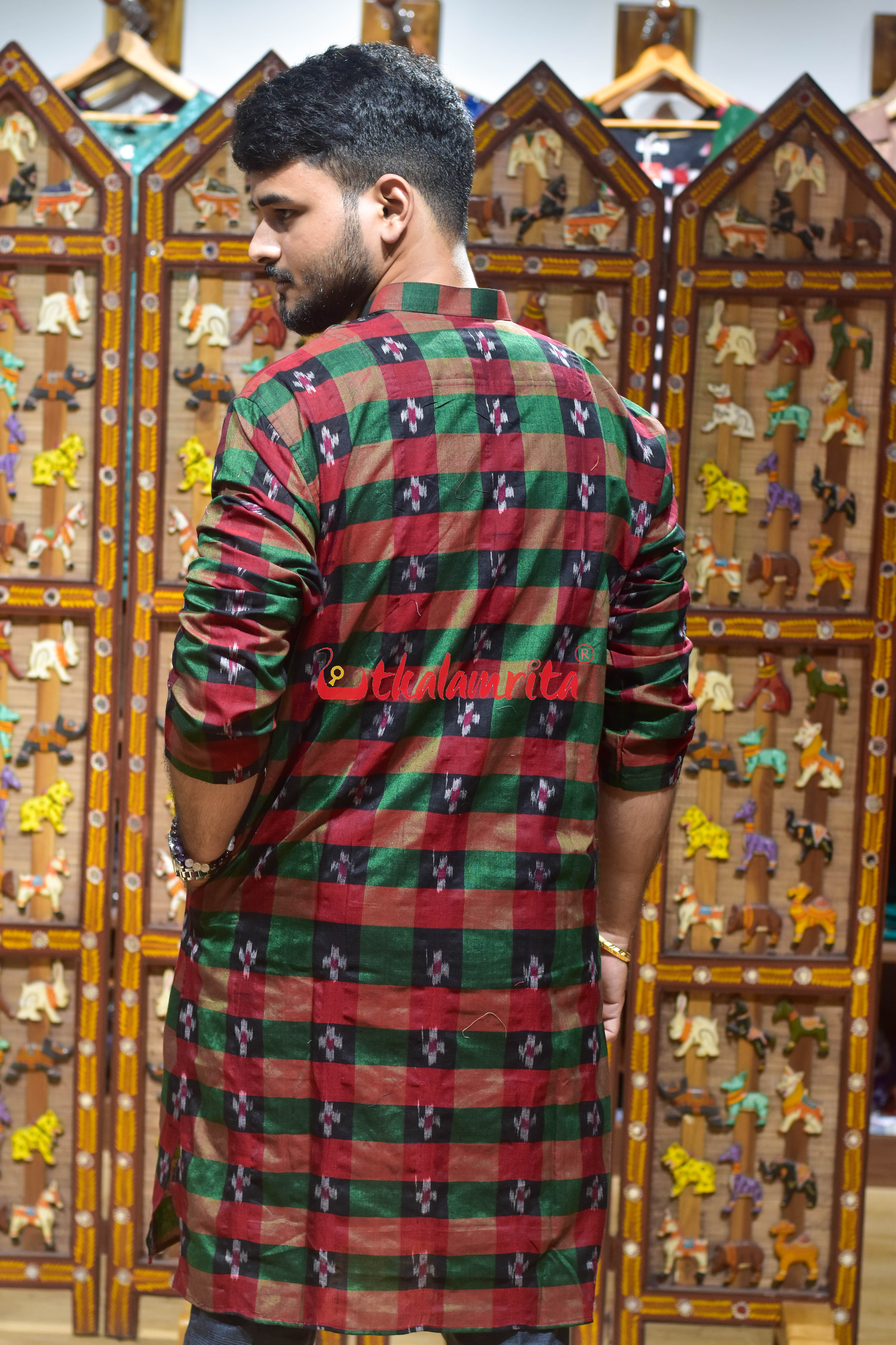 Black Green Checks Pasapali (Men's Long Kurta)