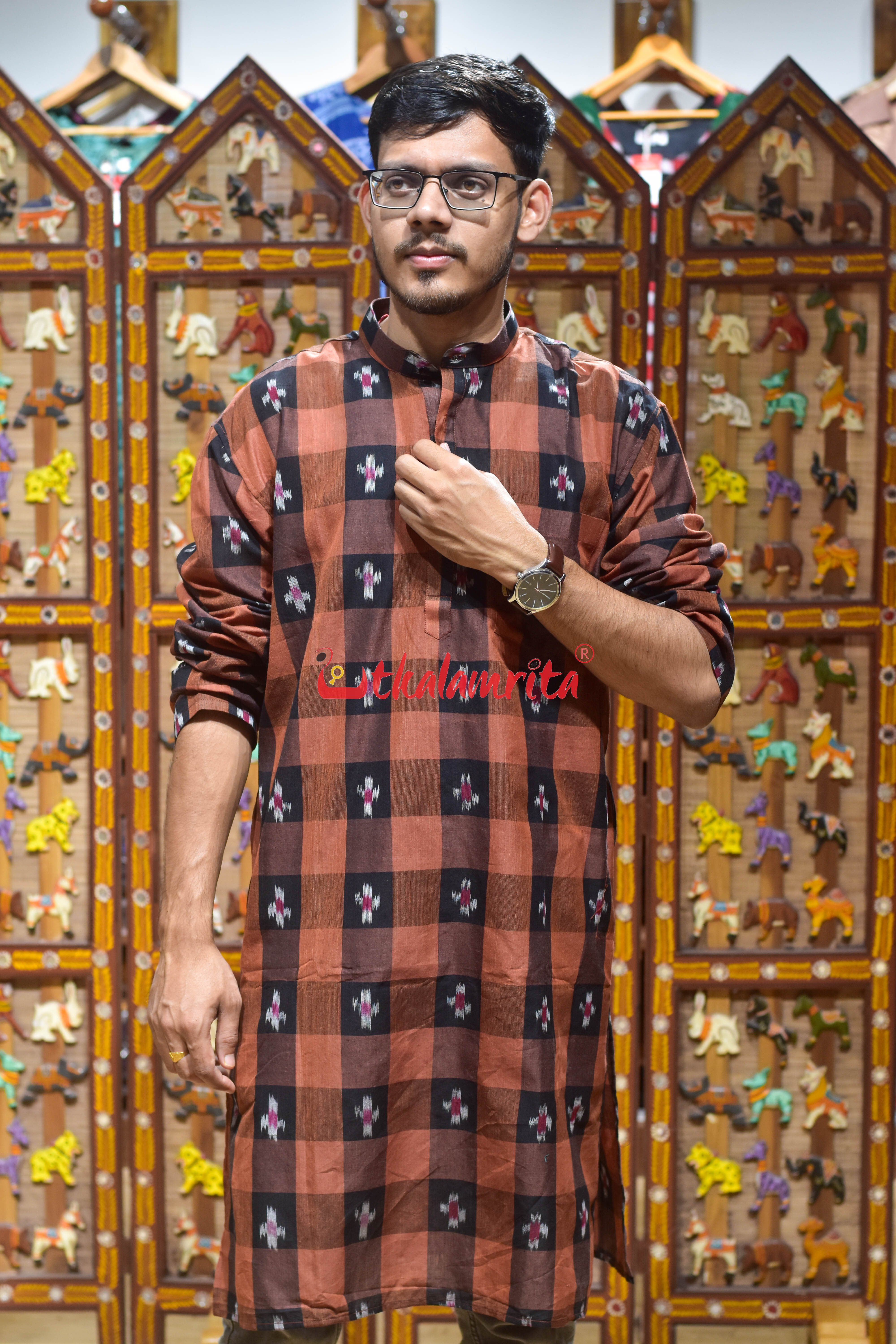 Brown Black Checks Pasapali (Men's Long Kurta)