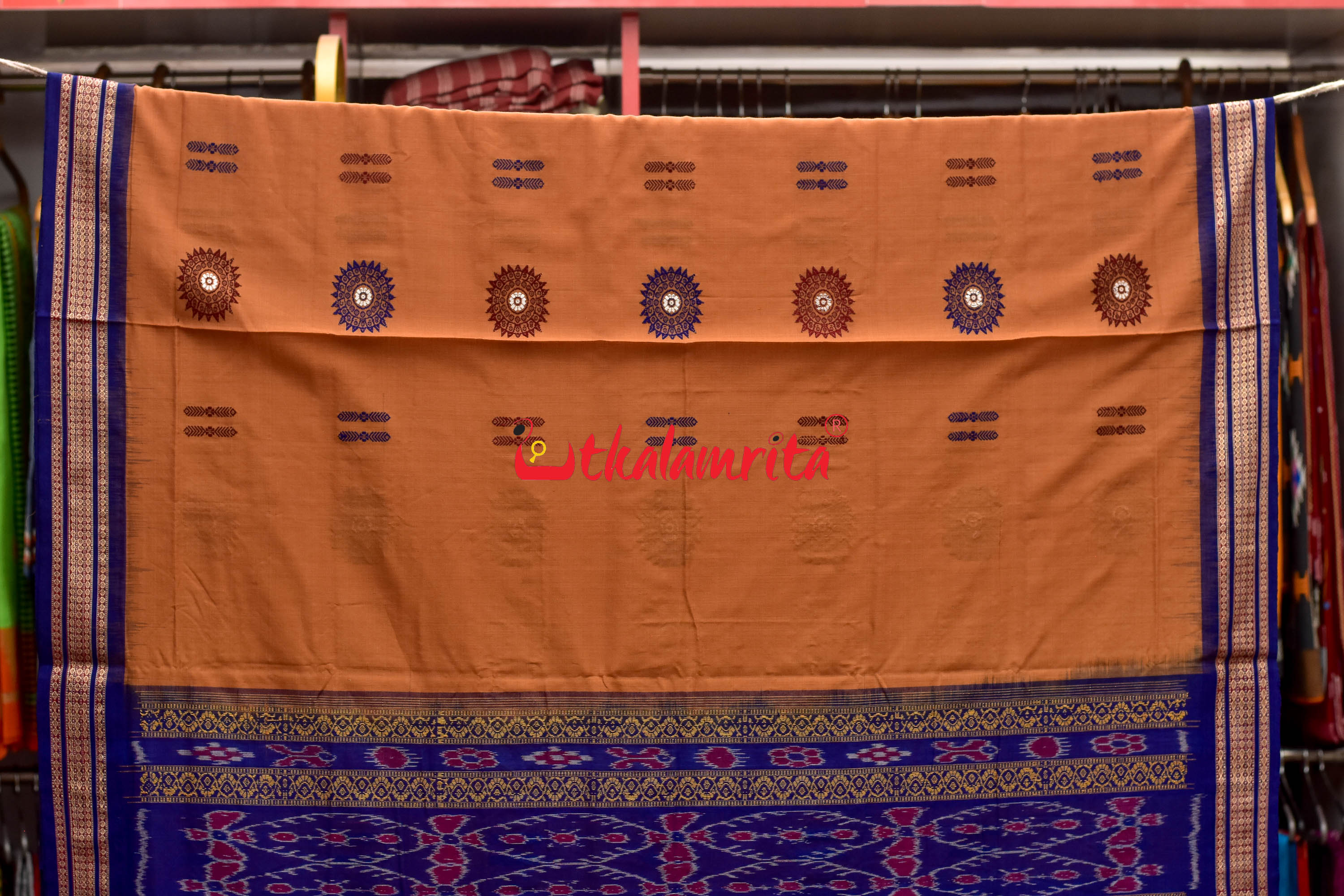 Biscuit Blue Padam Bomkai Cotton Saree
