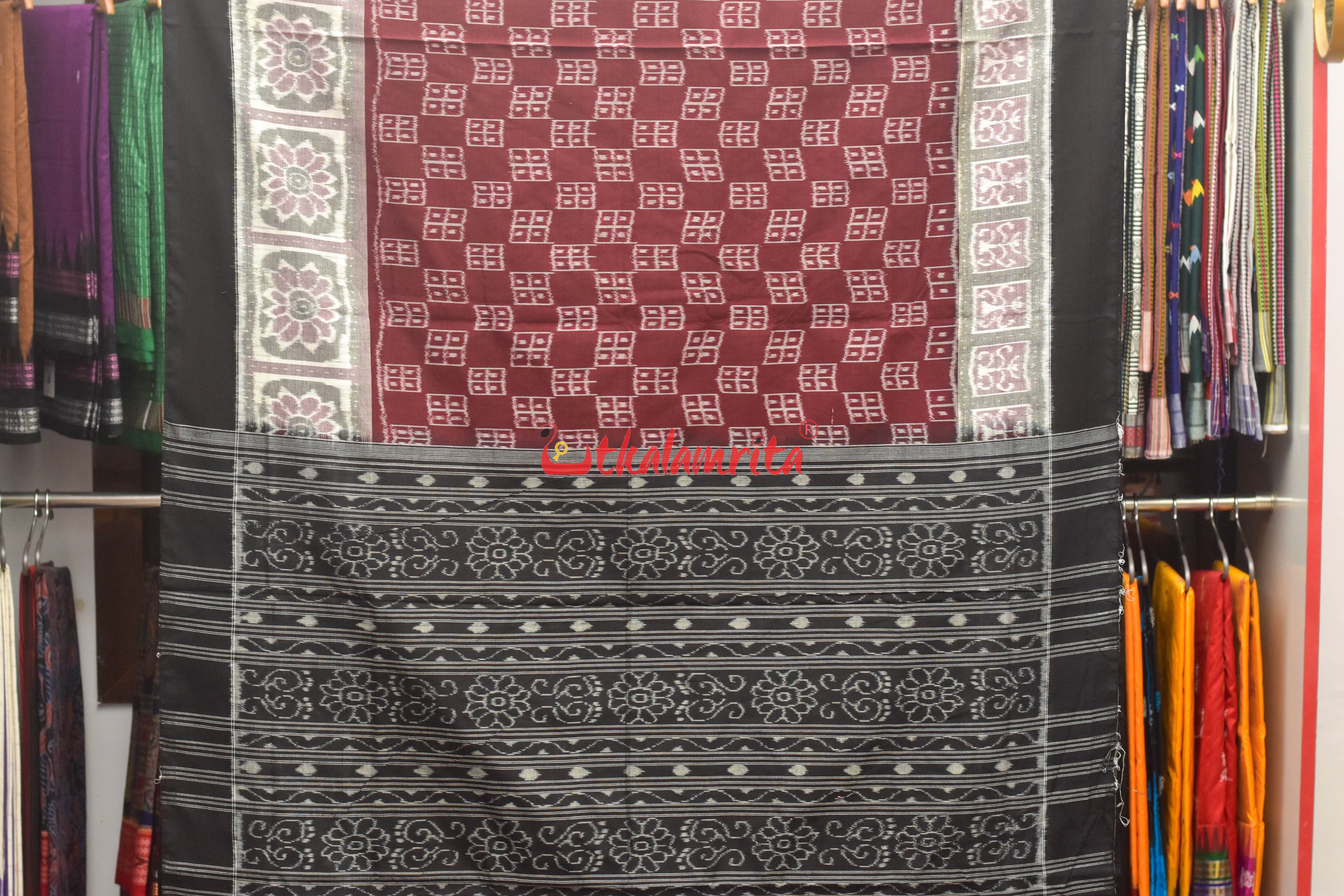 Maroon Windows Bandha Sambalpuri Cotton Saree