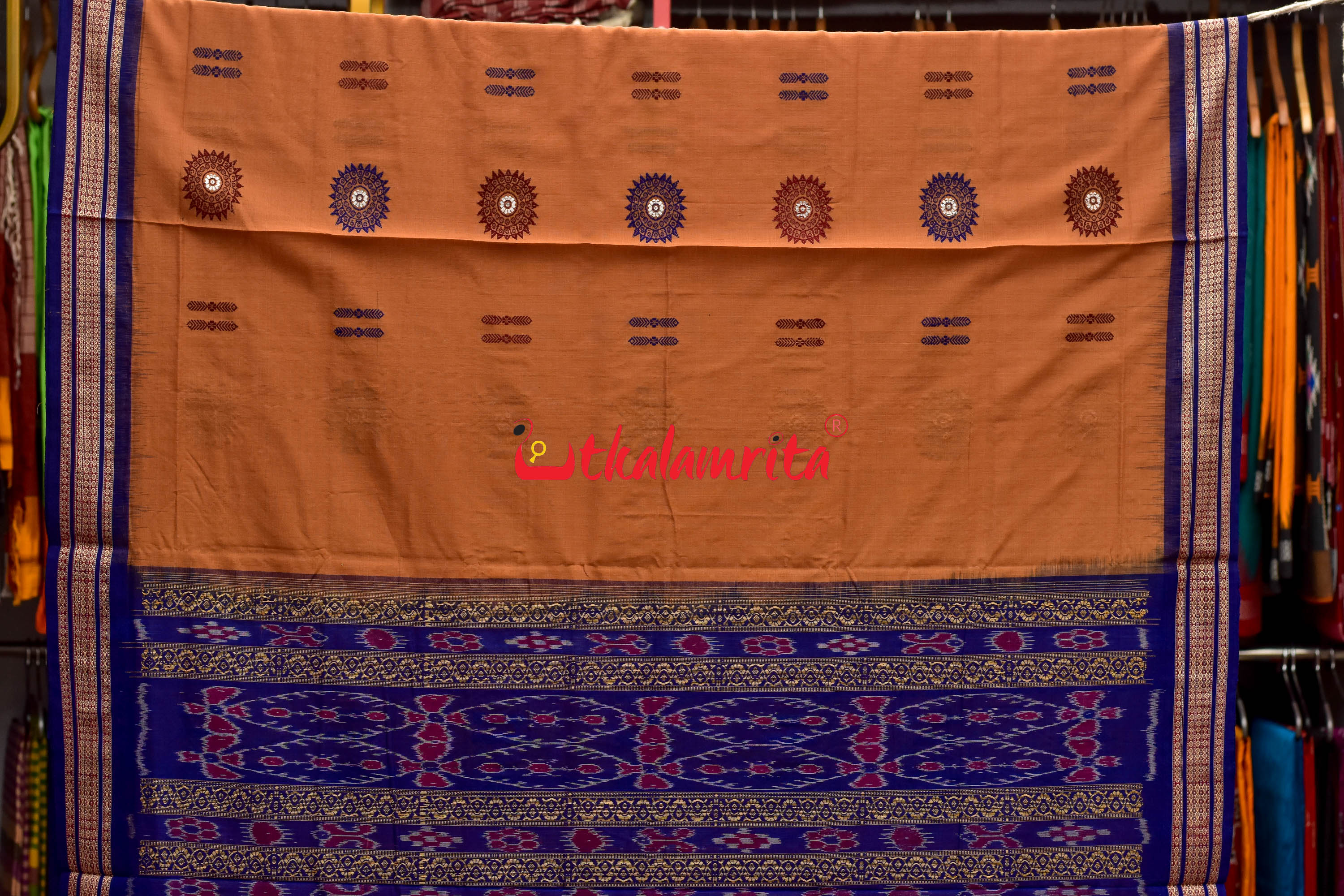 Biscuit Blue Padam Bomkai Cotton Saree