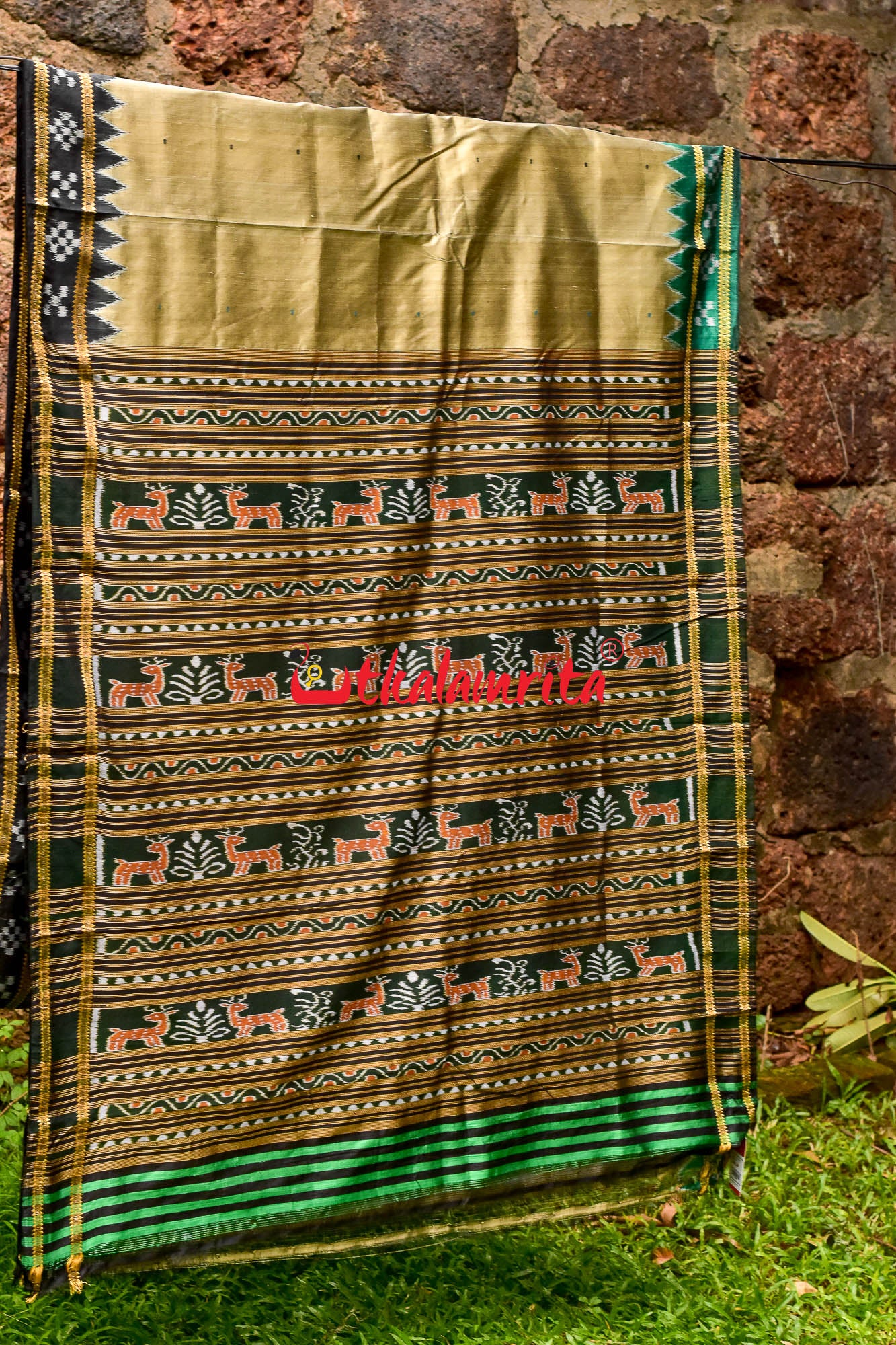 Olive Green Ganga Jamuna Khandua Silk Saree